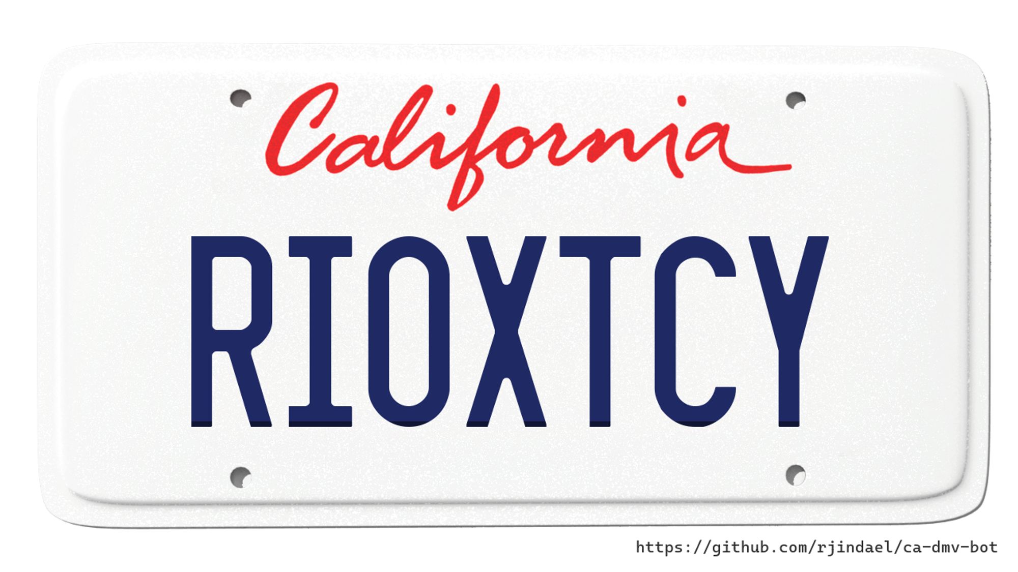 California license plate with text "RIOXTCY".