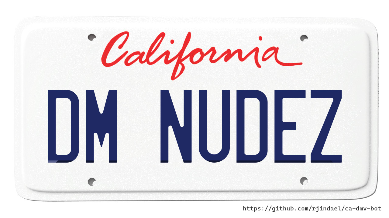 California license plate with text "DM NUDEZ".