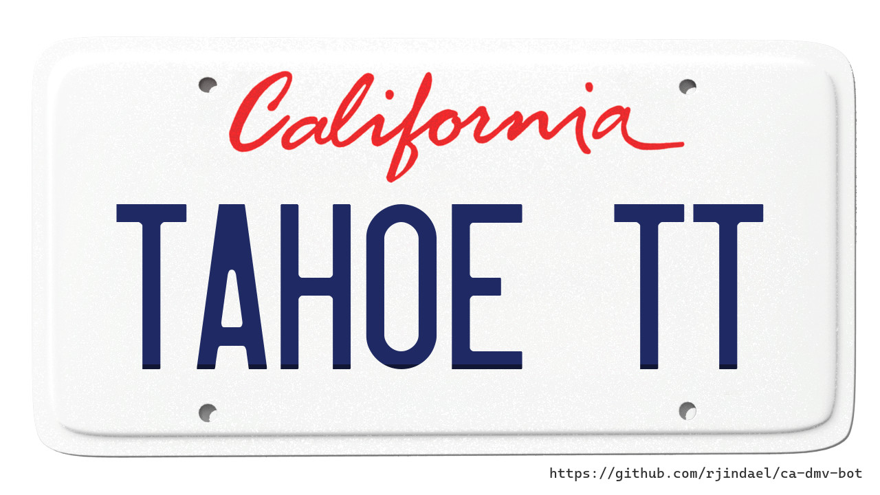 California license plate with text "TAHOE TT".