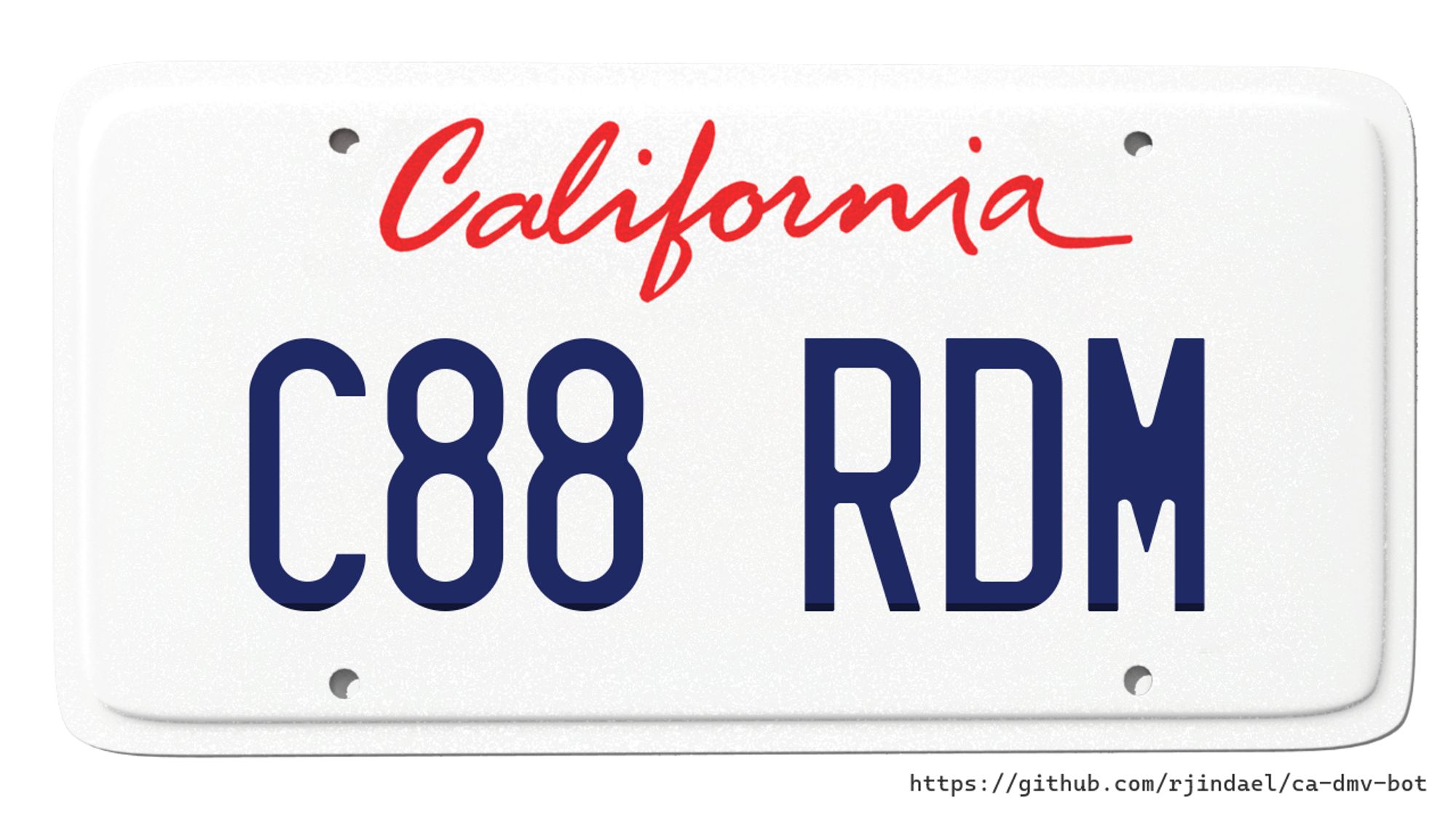 California license plate with text "C88 RDM".