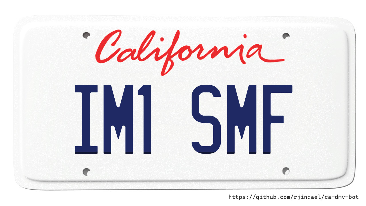 California license plate with text "IM1 SMF".