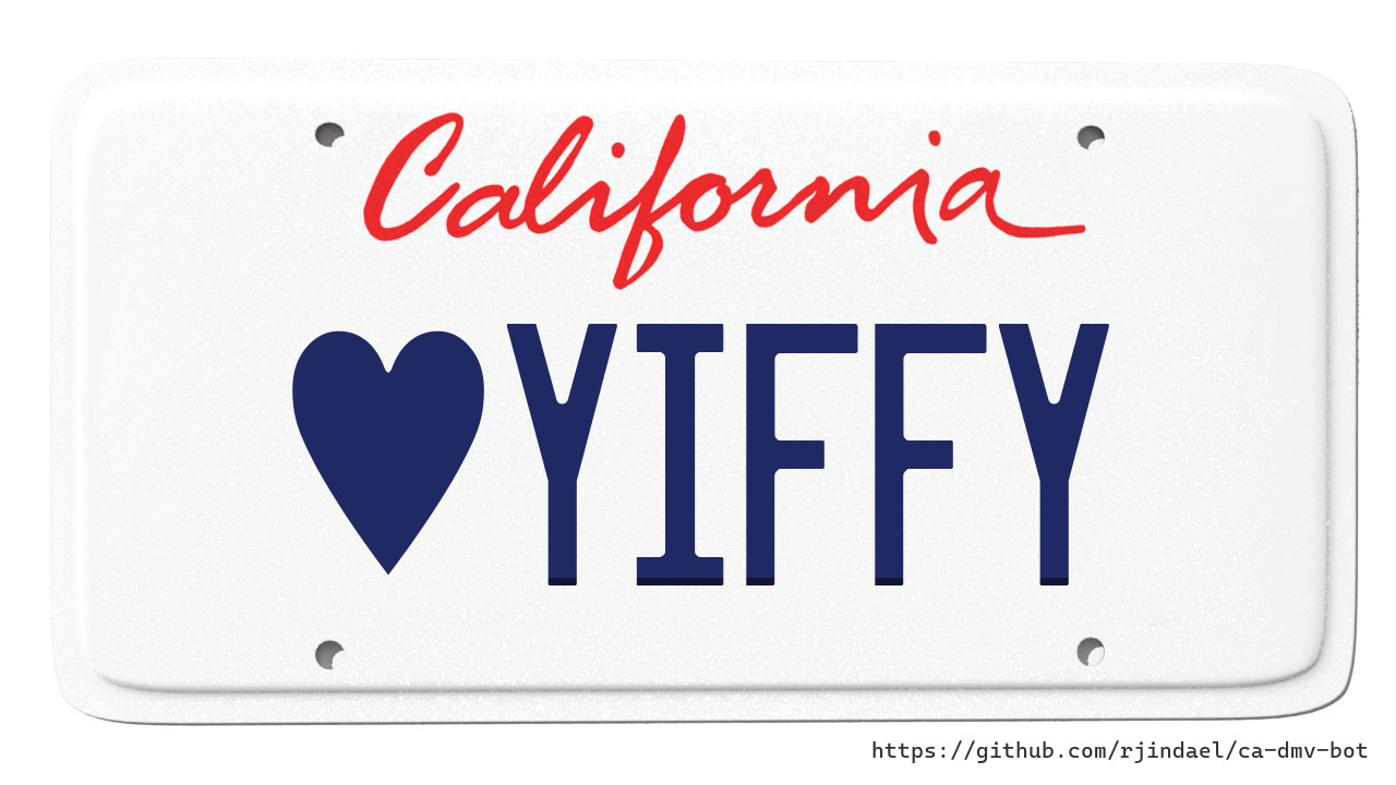 California license plate with text "(heart) YIFFY".