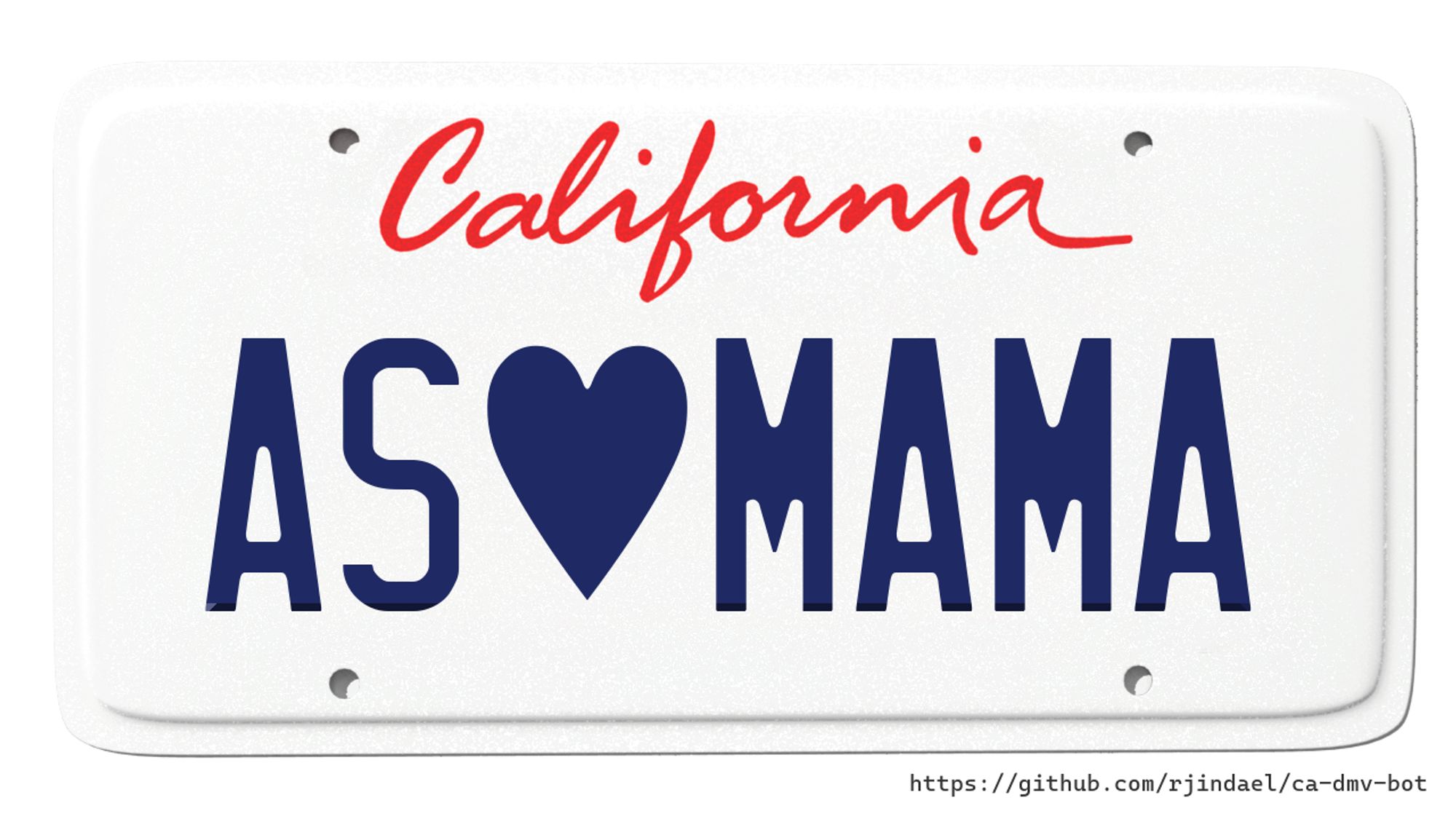 California license plate with text "AS (heart) MAMA".