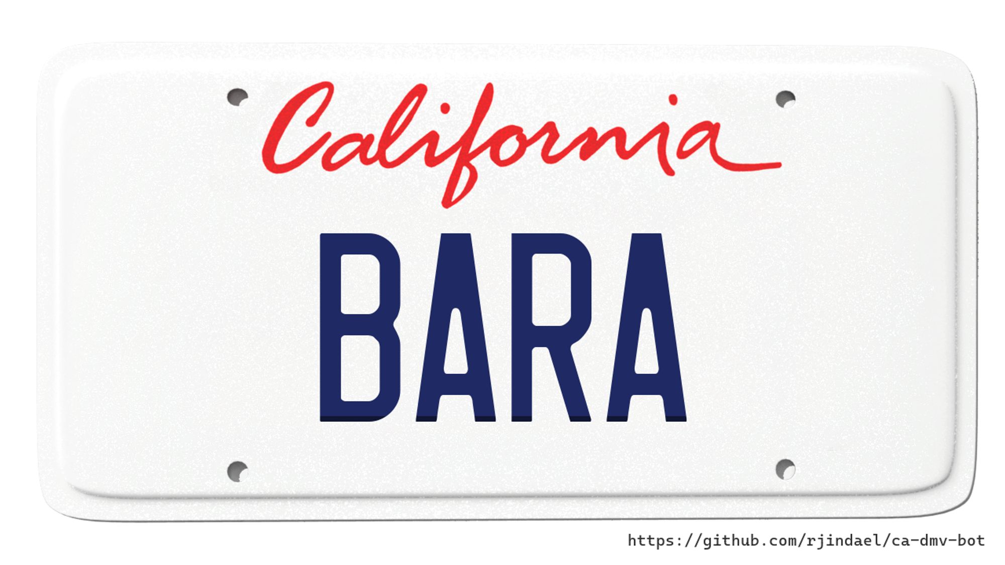 California license plate with text "BARA".