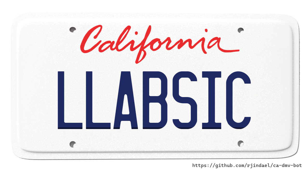 California license plate with text "LLABSIC".