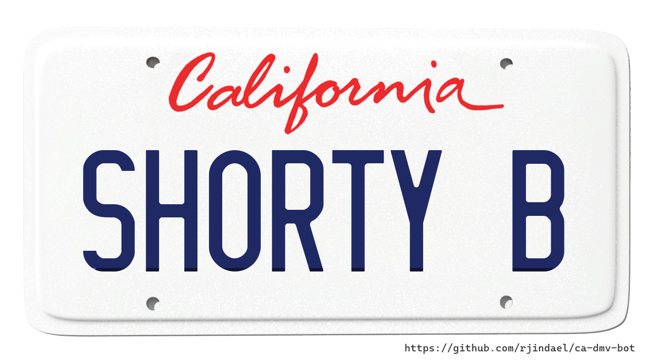 California license plate with text "SHORTY B".