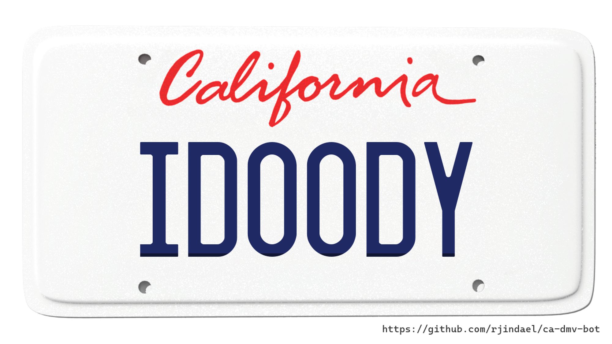 California license plate with text "IDOODY".