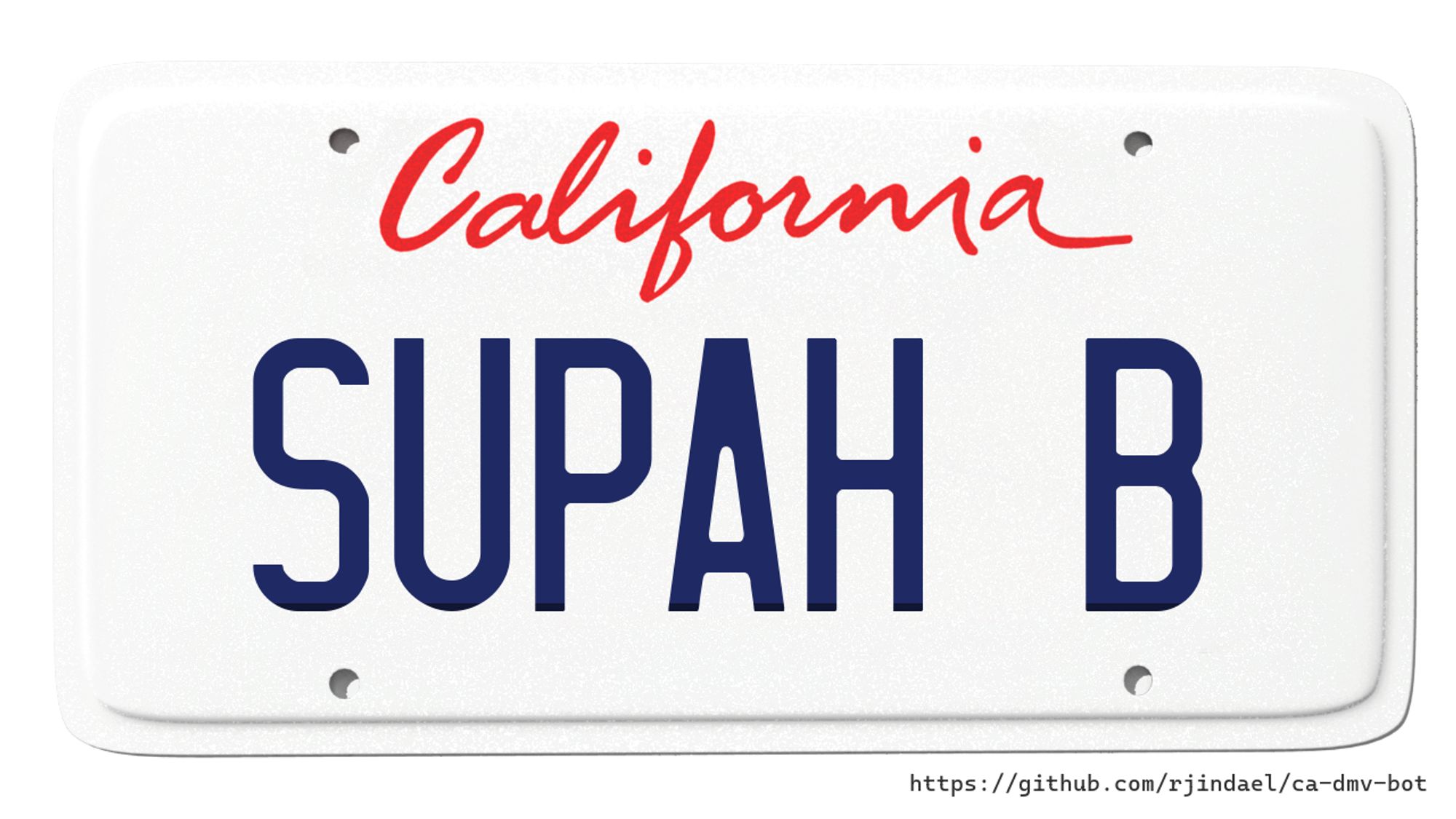 California license plate with text "SUPAH B".