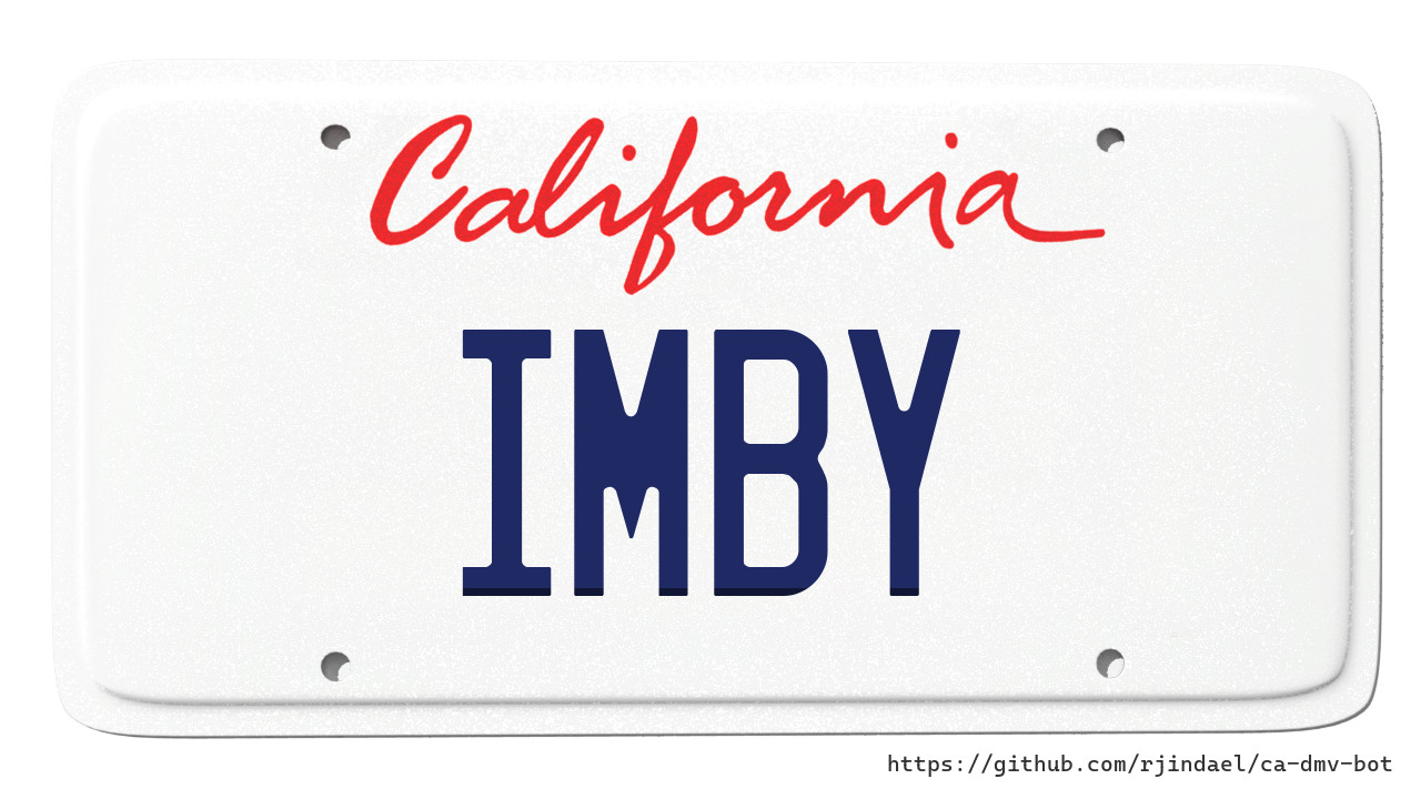 California license plate with text "IMBY".