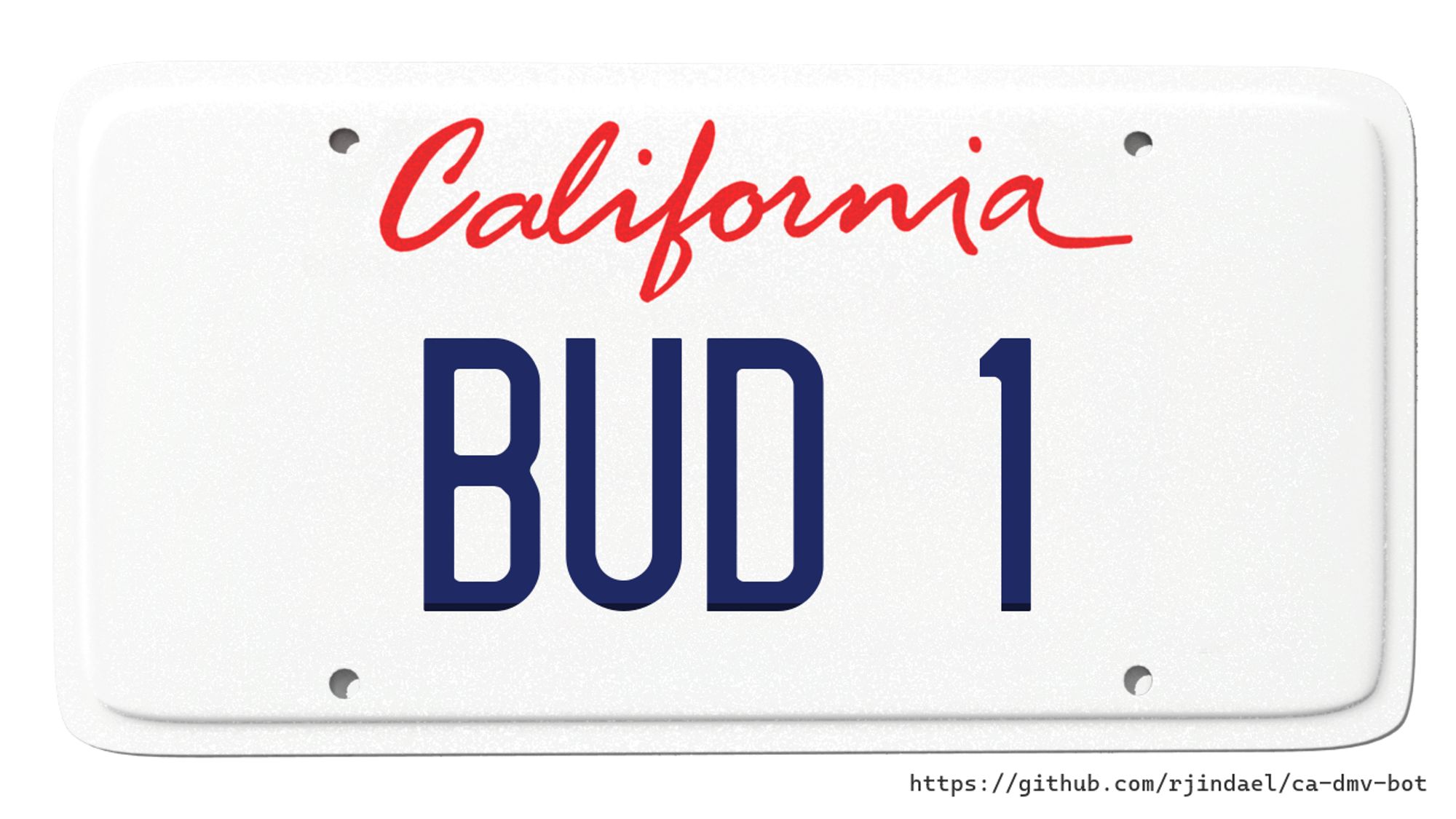 California license plate with text "BUD 1".