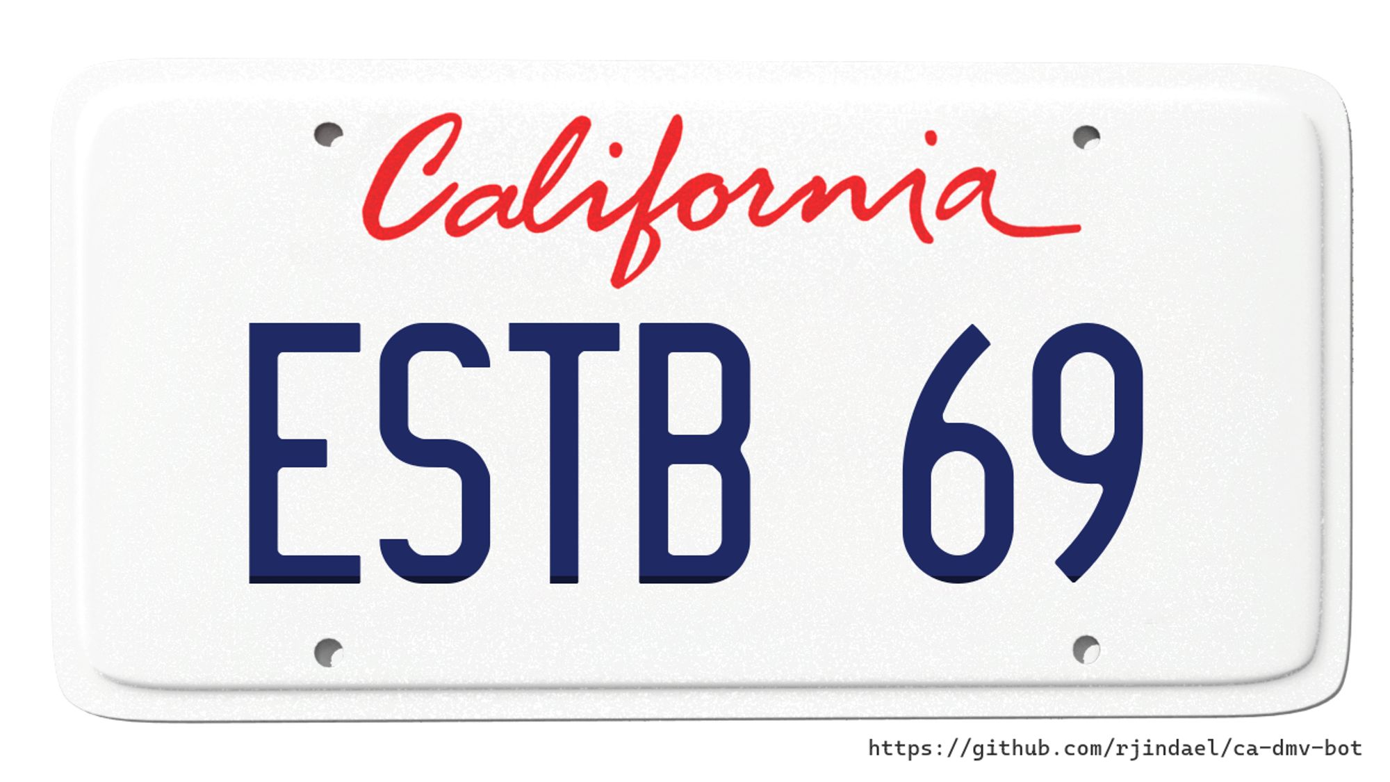 California license plate with text "ESTB 69".