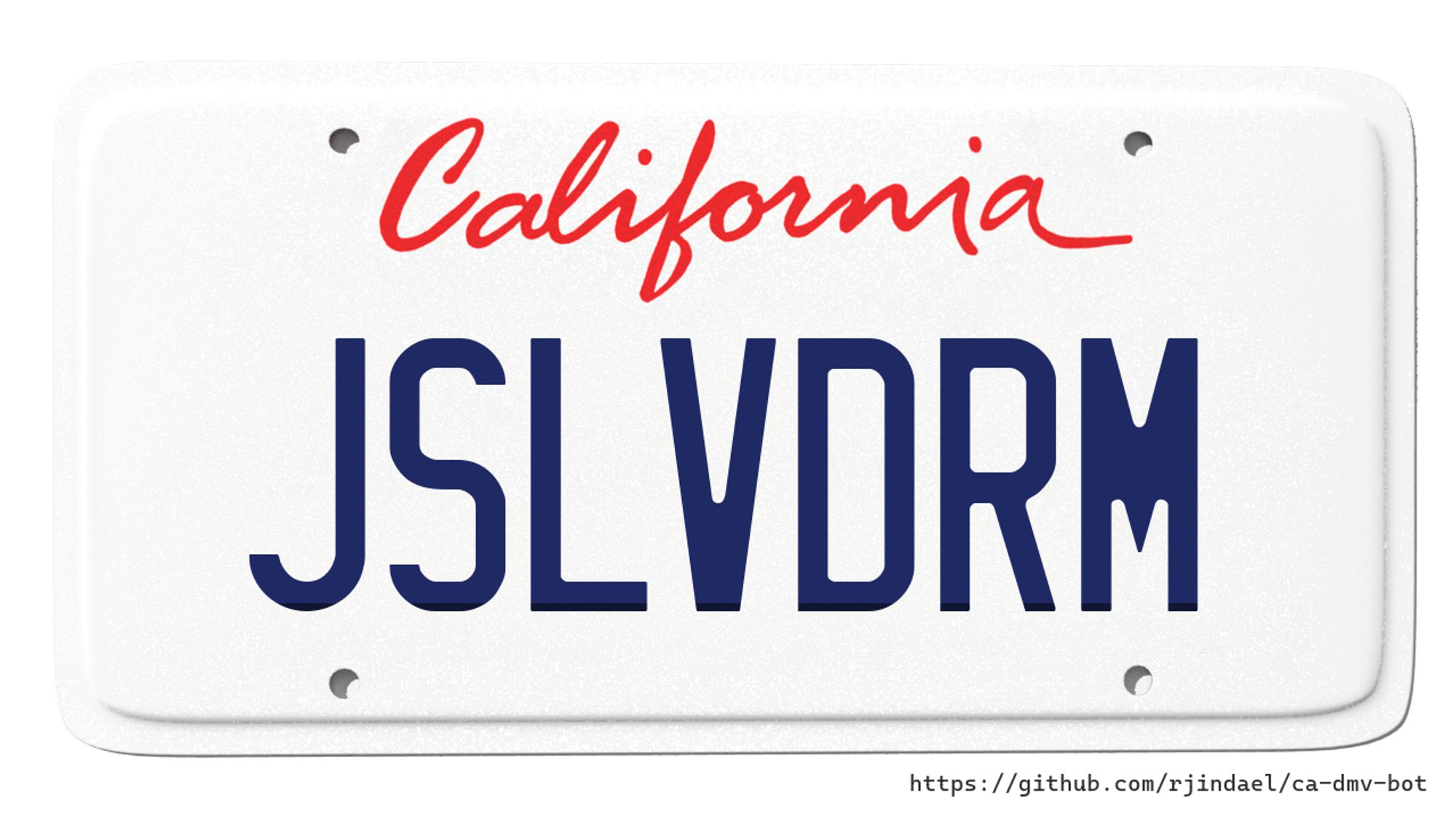 California license plate with text "JSLVDRM".