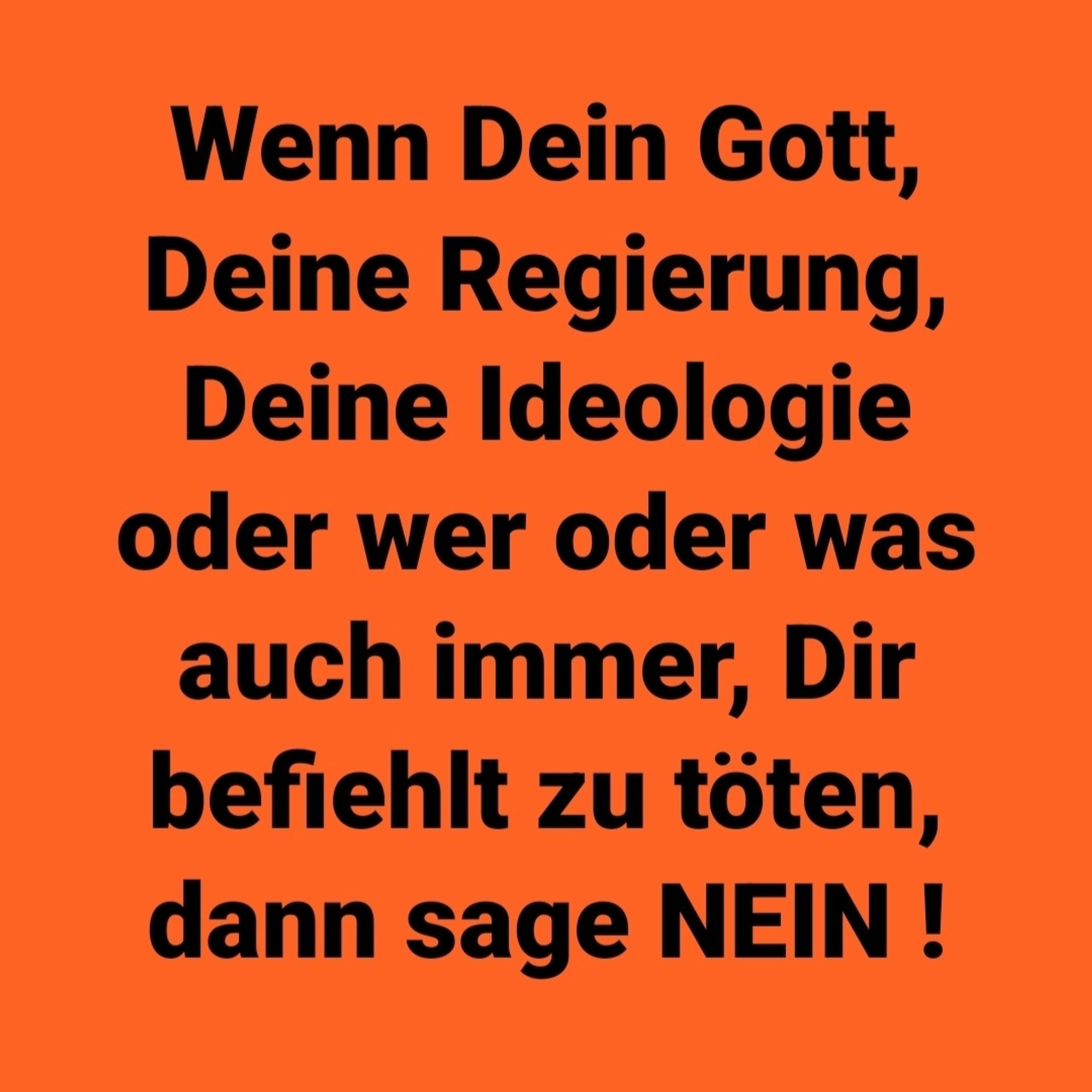 Meme: schwarze Schrift auf Orange:
Text:  Wenn Dein Gott, Deine Regierung, Deine Ideologie oder wer oder was auch immer, Dir befiehlt zu töten, dann sage NEIN !