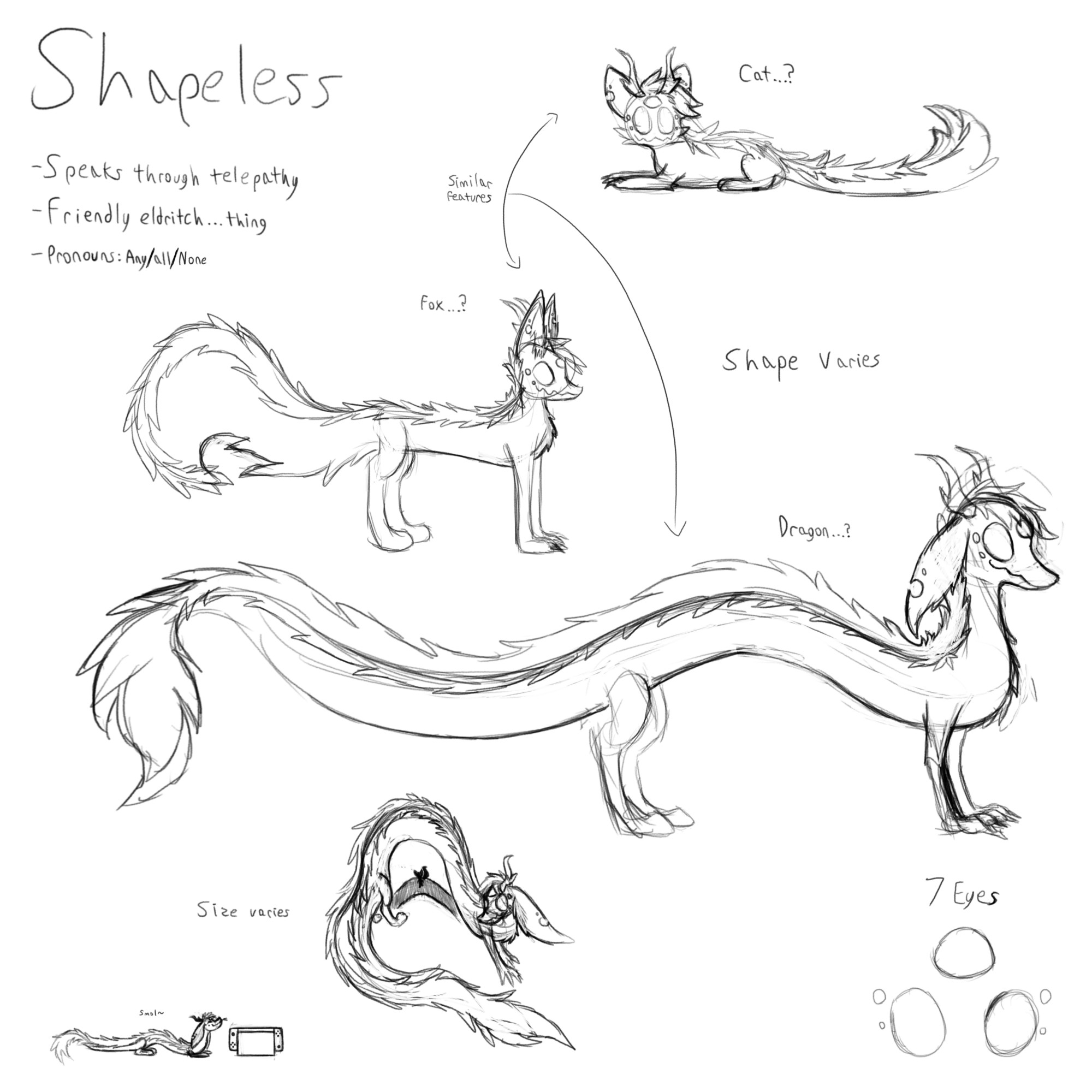 Different sketches of a creature called shapeless. A cat, fox, and noodle dragon form are shown with similar features such as 7 eyes and a fluffy name that goes from the head to the end of the tail. Two smaller sketches depict the creature's dragon form at different sizes, one of which is as tall as a game console. In the other sketch, the creature's long body arches as a small figure walks beneath it's shadow.