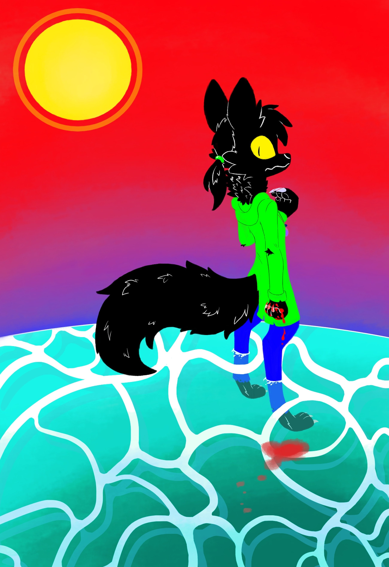 A werewolf with black fur and neon green, partly tattered jacket stands in the middle of water. Blood drips from his right hand into the water.