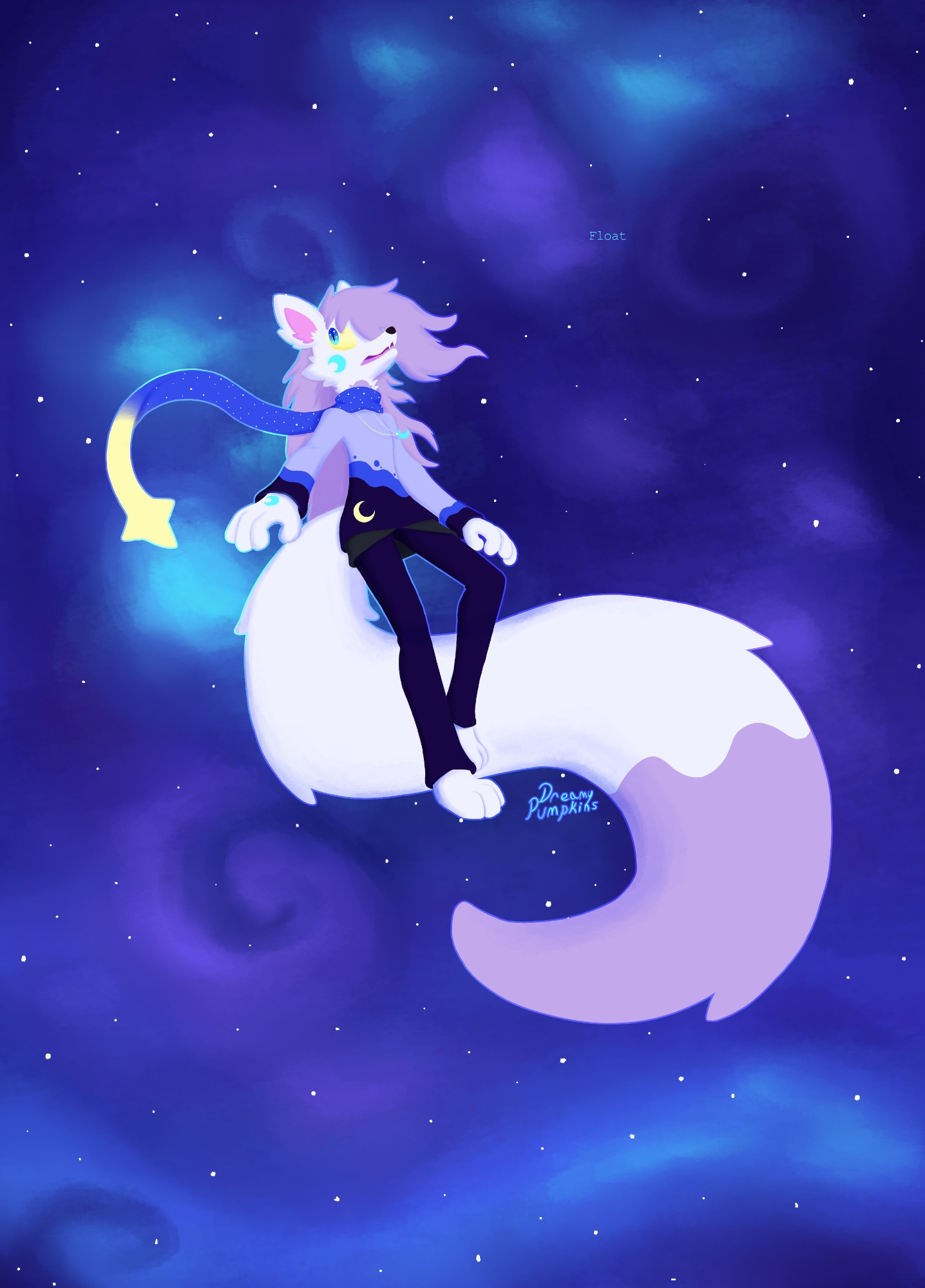 A white and purple anthro fox with a very long tail floating in the cosmos.