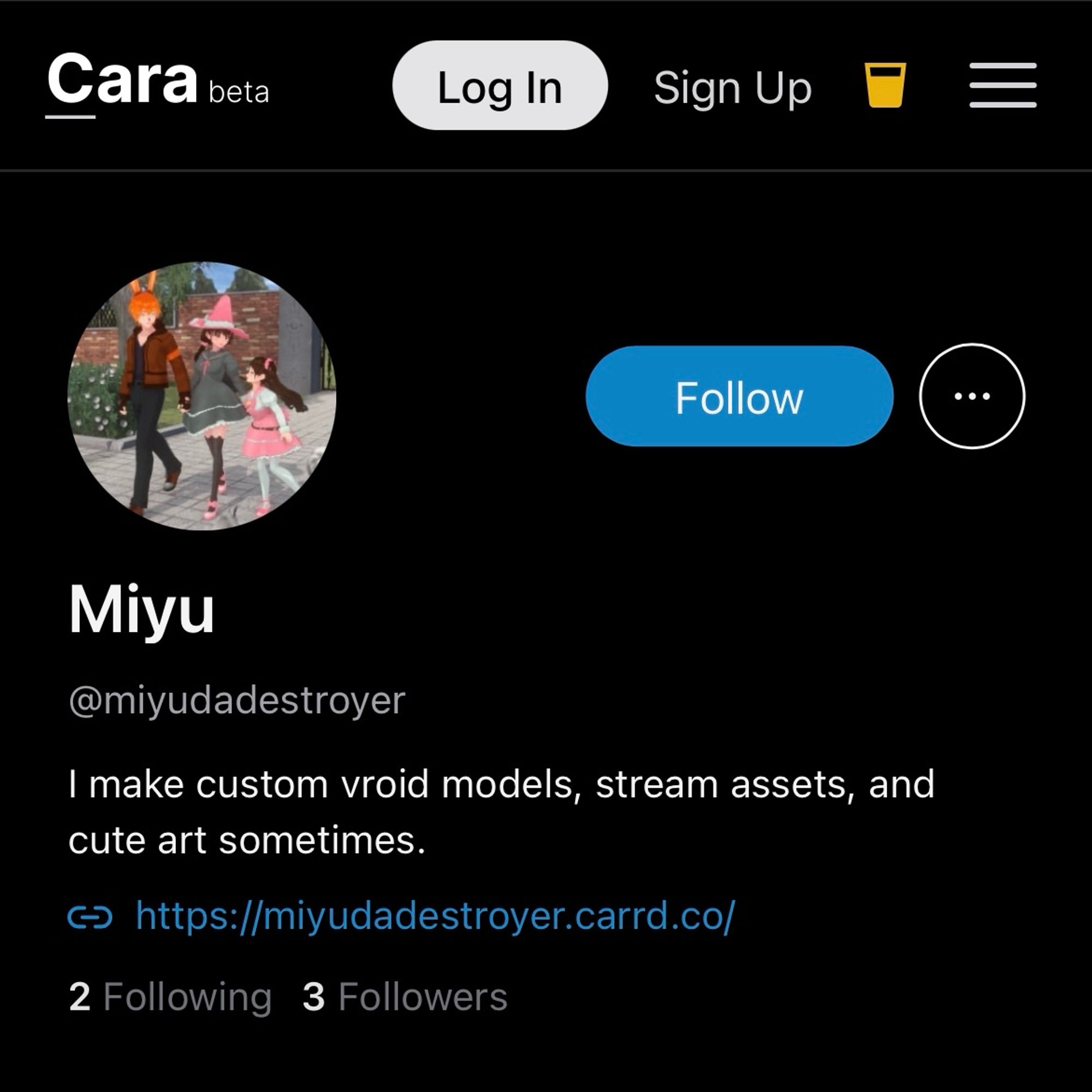 Screenshot of the profile page of user @miyudadestroyer on the art portfolio platform Cara