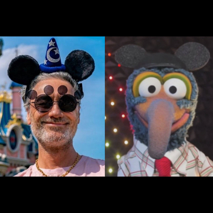 Taika Waititi wearing Mickey ears with a blue pointy hat in the middle. Wearing sunnies that look like Mickey. Gonzo wearing Mickey ears. 