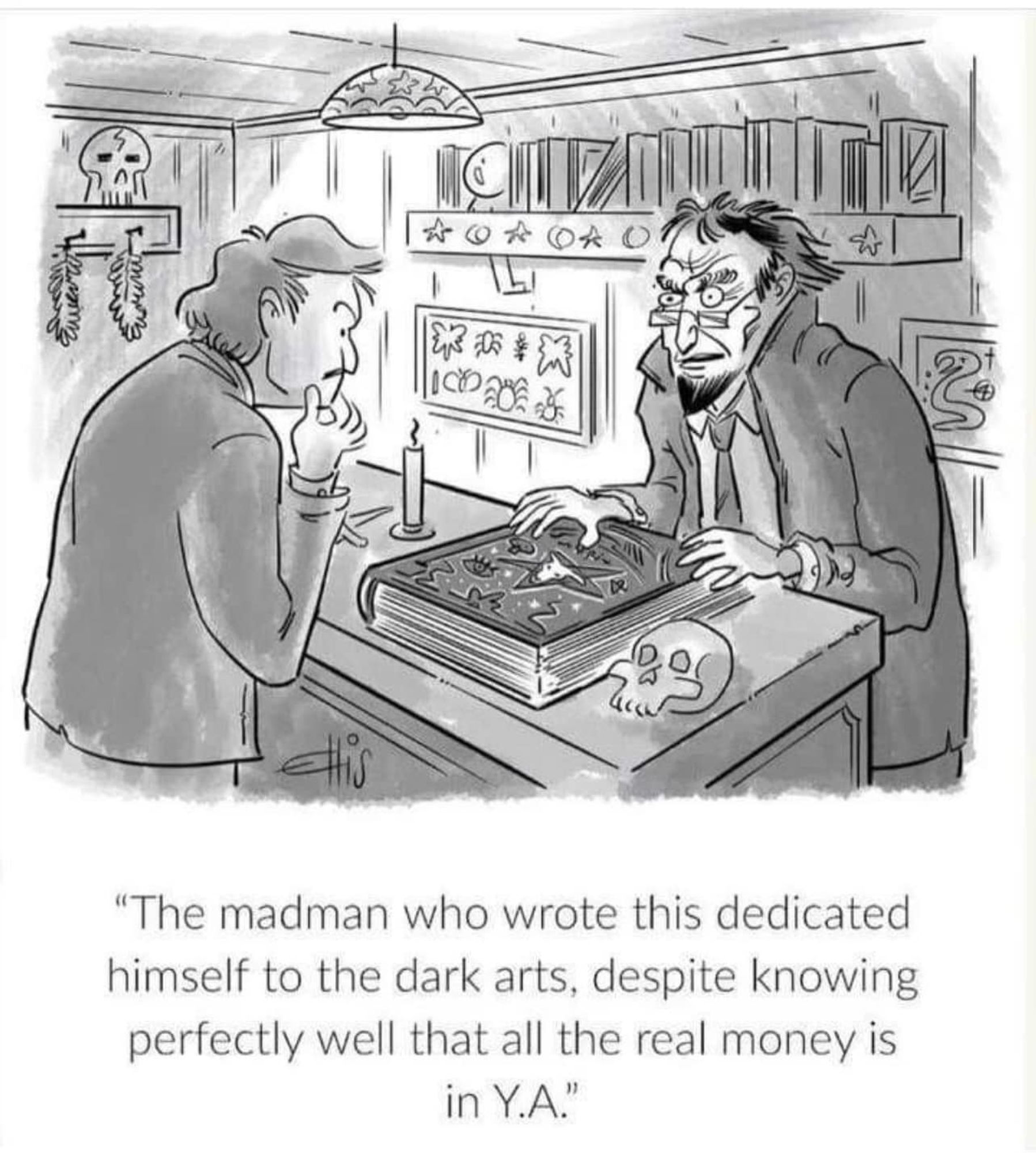 A grim, intense-looking guy in beard and spectacles, running an occultish shop, tells a customer about a massive tome: "The madman who wrote this dedicated himself to the dark arts, despite knowing perfectly well that all the real money is in YA."