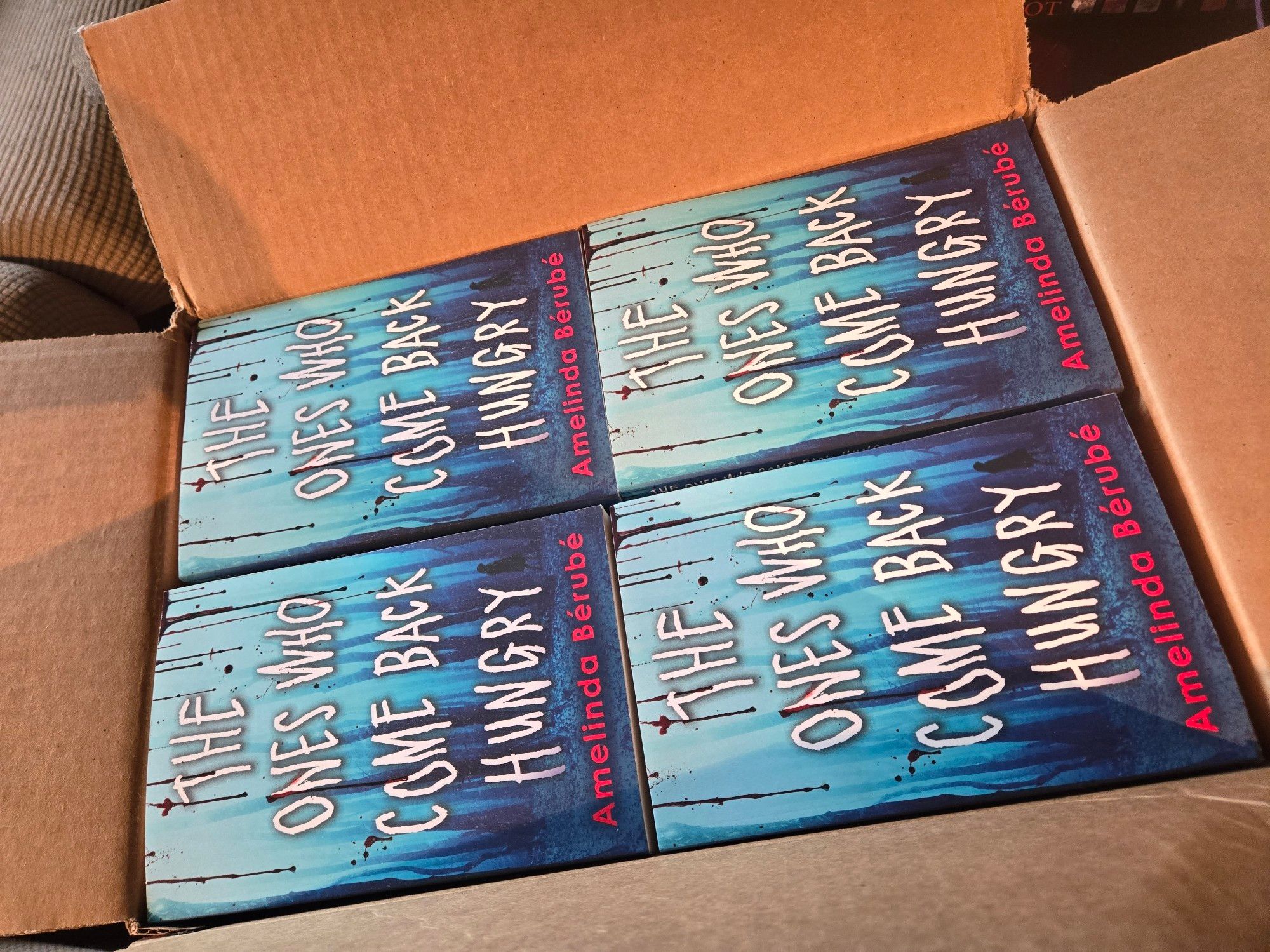 A glorious boxful of finished copies of The Ones Who Come Back Hungry by Amelinda Berube