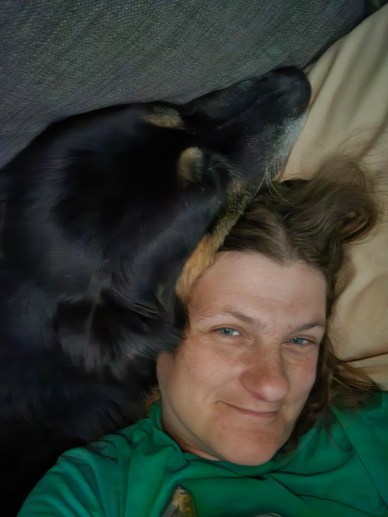 A floofy foster doggo rests his chin on the author's head, rendering movement impossible