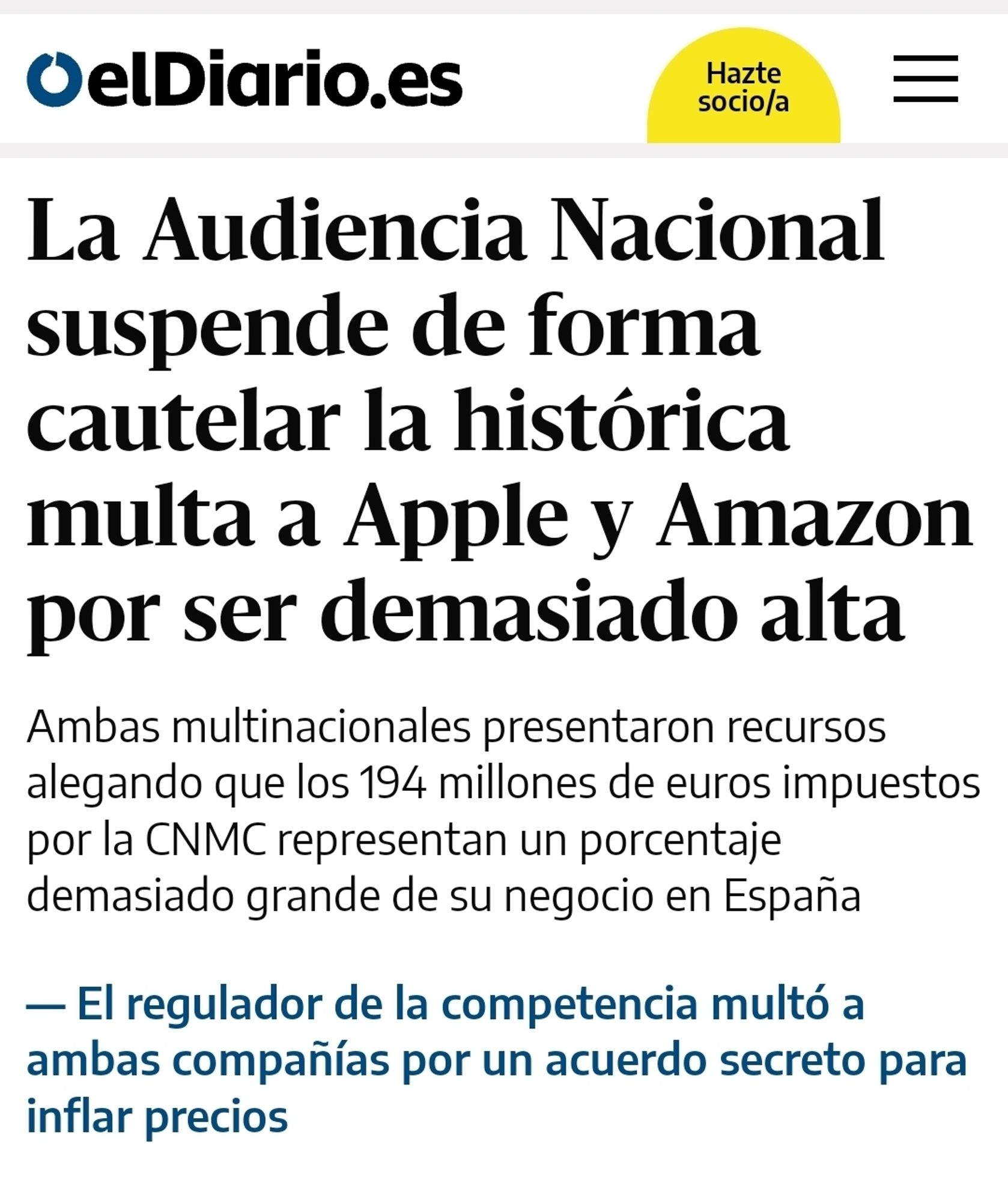 Noticia que dice que la Audiencia Nacional suspende de forma cautelar la histórica multa a Apple y Amazon por ser demasiado alta.