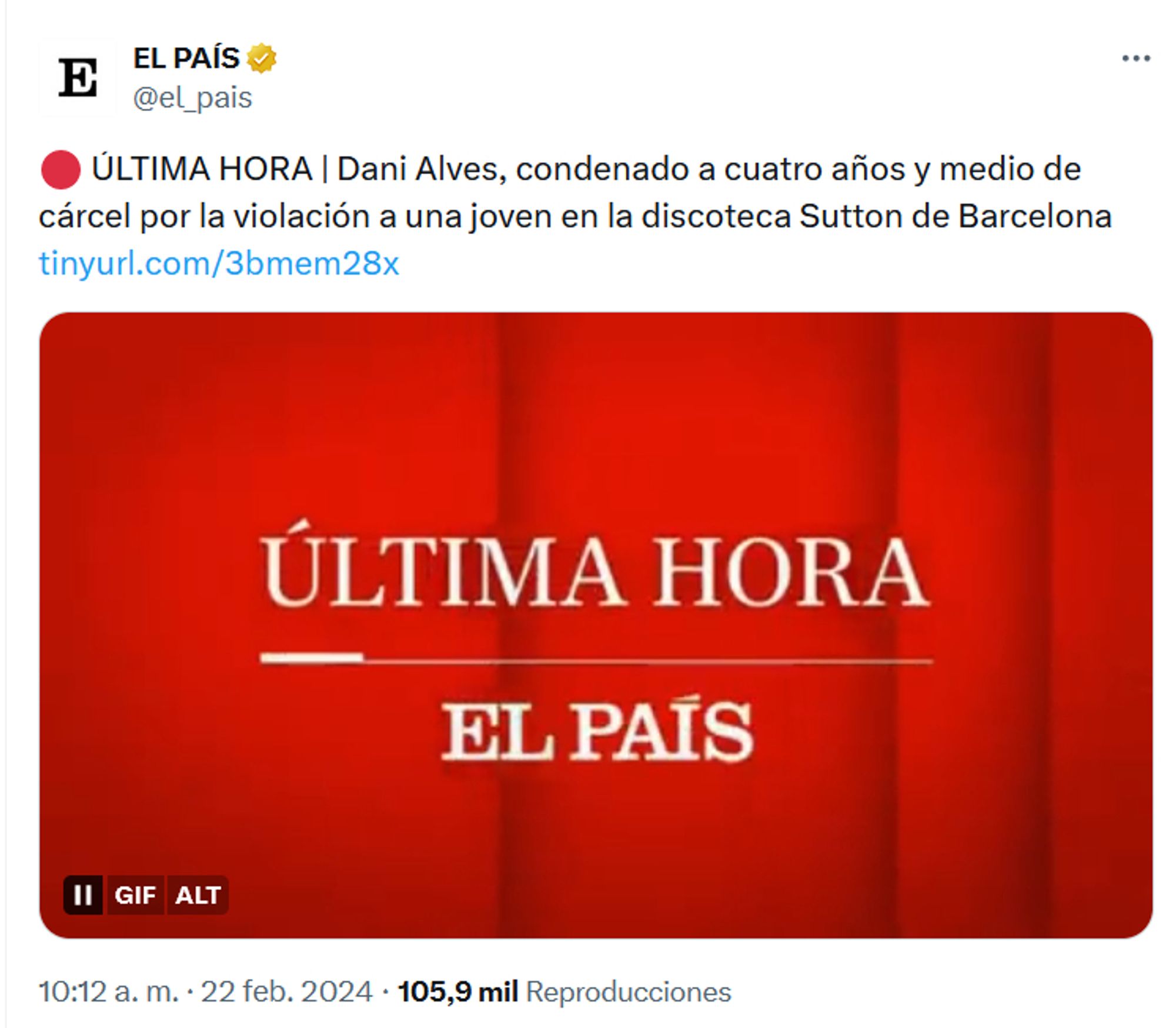 Noticia que dice:  ÚLTIMA HORA | Dani Alves, condenado a cuatro años y medio de cárcel por la violación a una joven en la discoteca Sutton de Barcelona