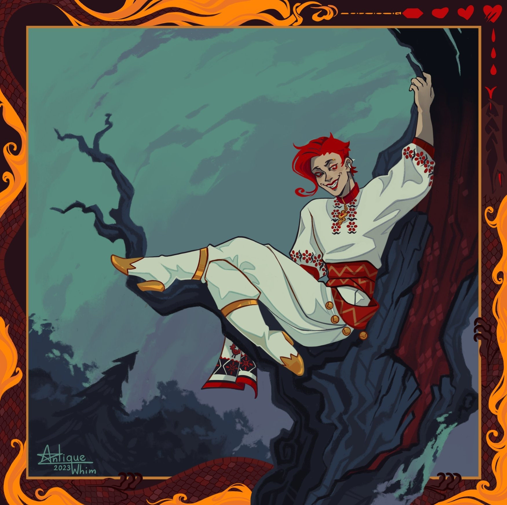 A red haired perelesnyk in human form sitting on a branch of a dead hollow tree. He is dressed in white clothing (“tunic”, pants, high heel boots) with Ukrainian patterns, has a golden snake choker and a red belt, his shoes have golden heels and toes. The mossy tree he is sitting on is blue, its hollowed out trunk being red and having little snake scales inside. In the background looms the top of the forest and the sky behind it is a gradient from green to purple. The decorative edge of the drawing has the perelesnyk in its main form (a dark red 6 legged snake with flaming mane and tail). The frame perelesnyk is seen creating jewelry from the flames coming out of its tail, which morphs into a heart from which three blood droplets fall into its mouth.