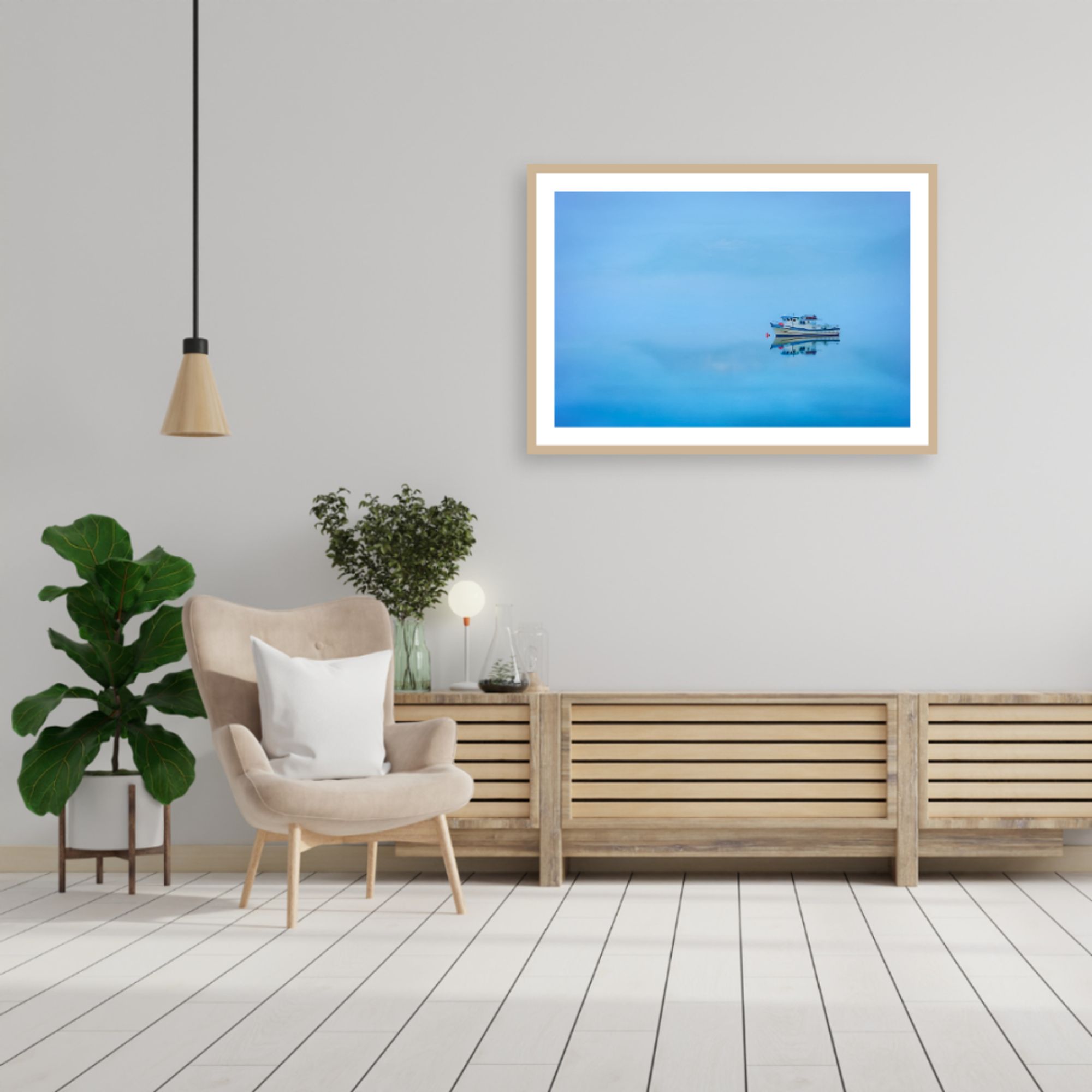 An Alaskan fishing boat floats into mist on still water 