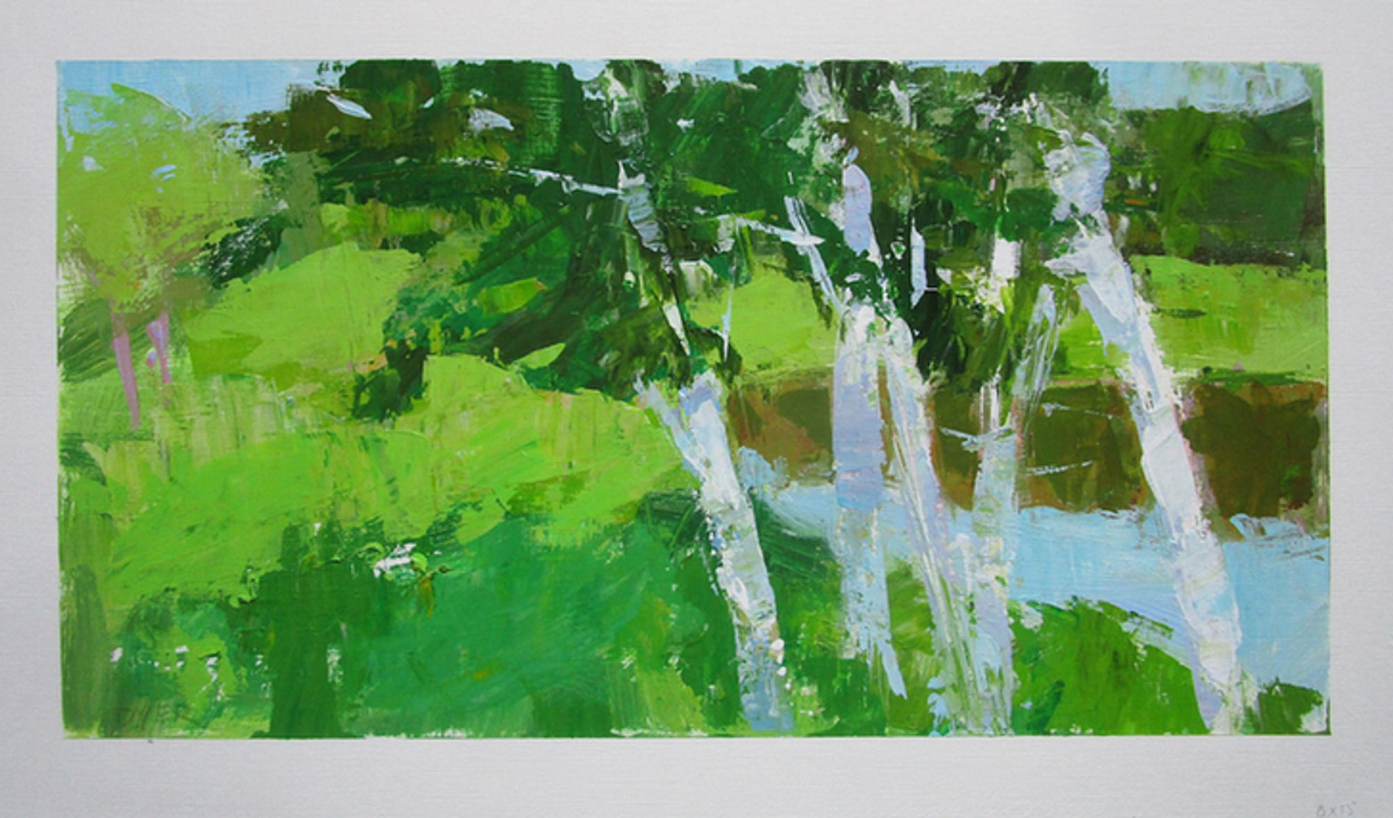   An original 8x15 acrylic painting on paper, unframed, of a field of green as birches to the right gently arch over a nearby pond, by Janet Dyer   Note: Discounts and sales do not apply to original artwork. 