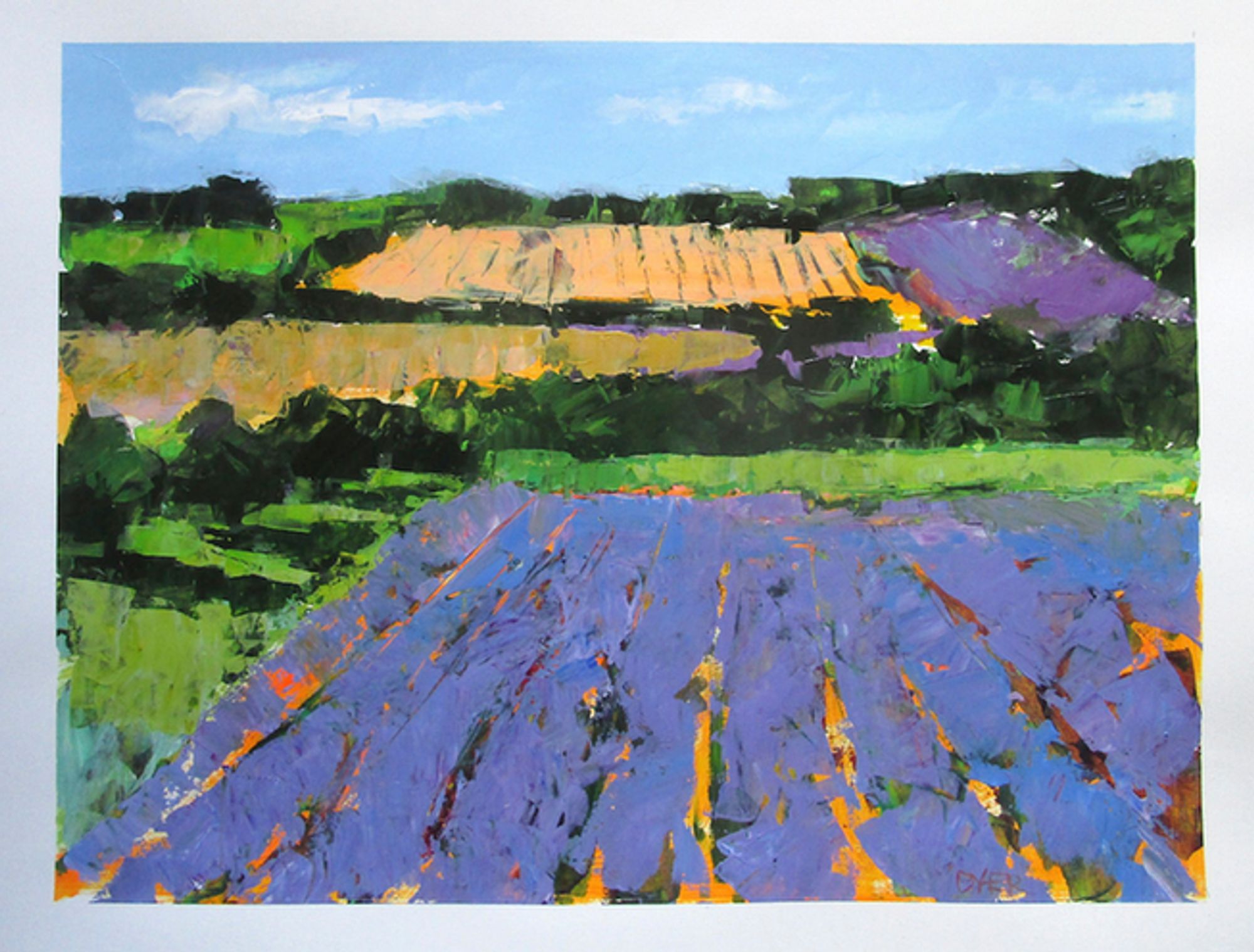   18x24 original acrylic painting on paper looking up at lavender and amber fields on a hillside in France by Janet Dyer   Note: Discounts and sales do not apply to original artwork.