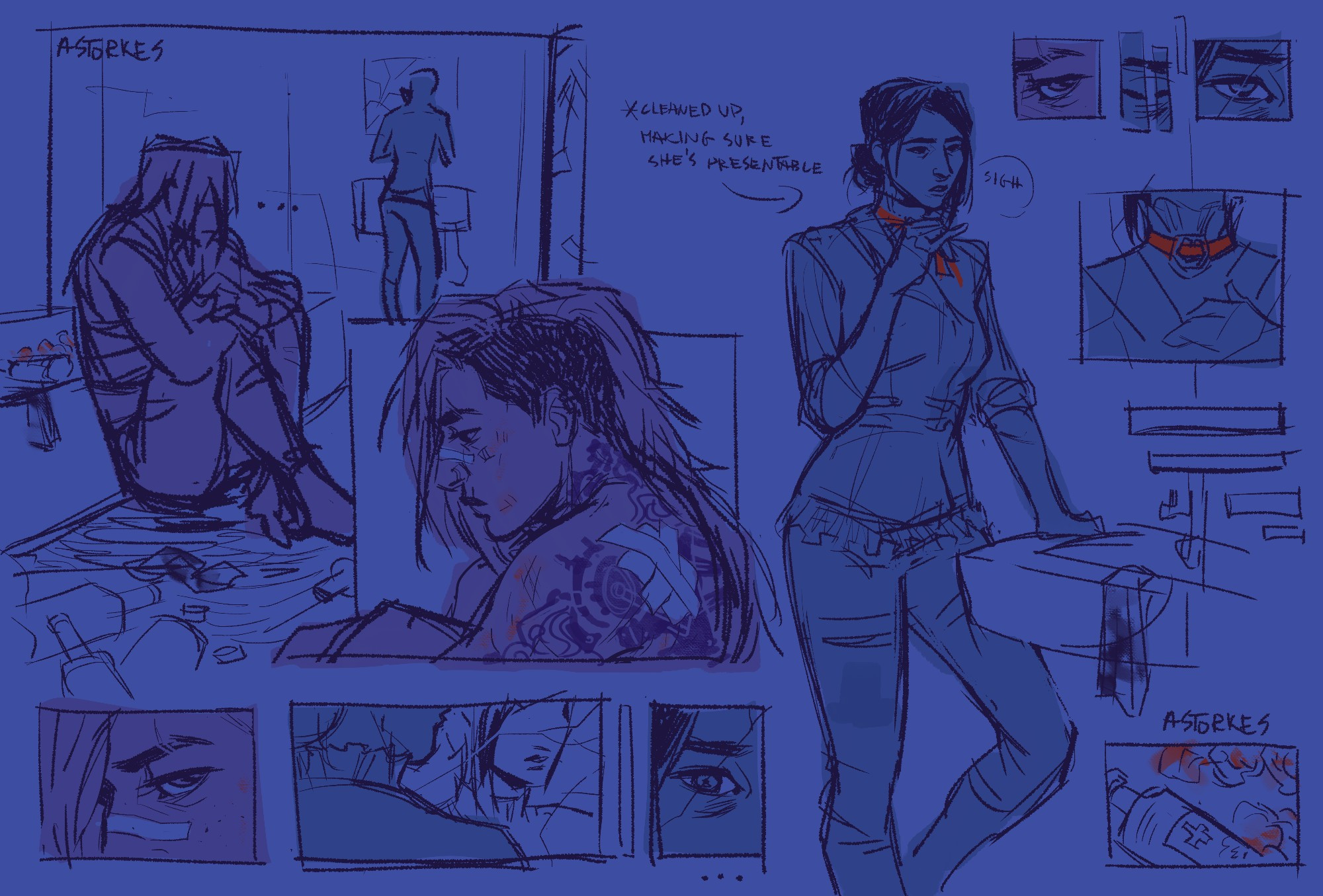 One-page Arcane fanart comic by user astorkes. Caitvi. The setting is season 2 act 2, but an alternate timeline where commander Cait regularly visits pitfighter Vi. In the comic, Cait dressed Vi's wounds and is now cleaning herself up in the mirror. Vi is sitting on the floor, back against the mattress, hugging her knees. Their gazes meet through the broken mirror, but Cait looks away, sighs, and adjusts her collar. Small text with an arrow pointing at Cait that reads: "*cleaned up, making sure she's presentable".