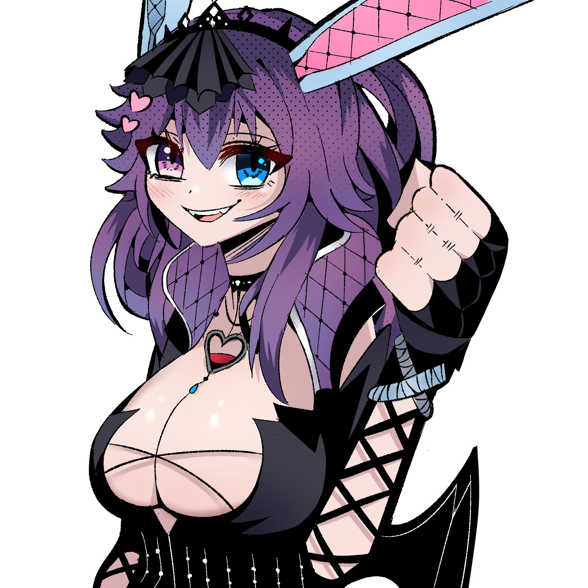 Fanart illustration of popular Twitch VTuber, CottontailVA. The portrait drawing highlights CottonTailVA's new VTuber character design. She has shaggy purple/pink hair. Her right eye is purple and her left eye is ocean blue. She wears a succubus-like outfit with her cleavage fully exposed. She has heart-type necklaces around her neck and heart shaped pins in her hair. On her head she has a frilly material. She has bat wings emerging from her backside and wears a studded belt. She is smiling at the camera