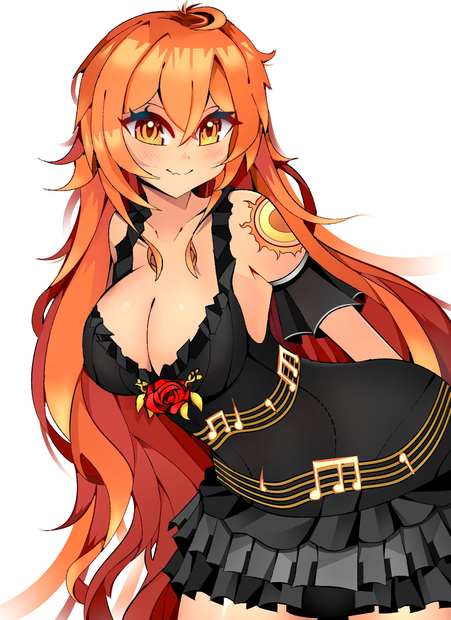 This original illustration showcases Apollo, a VTuber from the agency, MythosHQ. She is based on the Greek God of poetry and pottery. She has long orange hair and striking orange eyes. She wears a frilly black dress with a red rose on her chest. She has yellow music notes revolving around her waist. Her left shoulder has a tattoo of a sun. She is smiling at the viewer while slightly bending over, drawing emphasis to her chest.