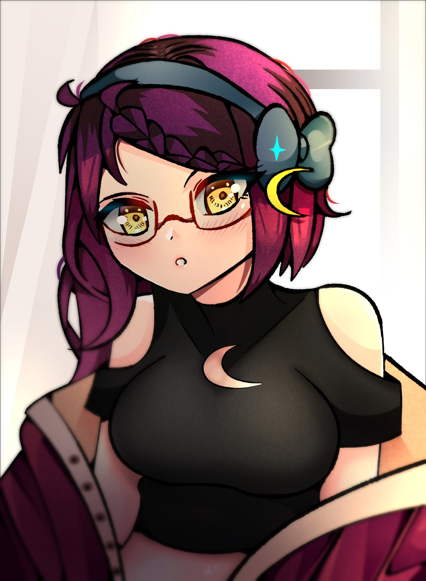 Fanart illustration of the anime VTuber Dreamy Lunastreia on Twitch. The artwork depicts a young adult woman with pale skin, violet hair in a single braid. She is wearing square glasses and has a blue bow in her hair. She is wearing a black crop top sweater and a violet jacket hanging off of her shoulders. She has moon shaped ornaments and a moon shape chest window on her shirt. She is standing in front of a window as the sun sets