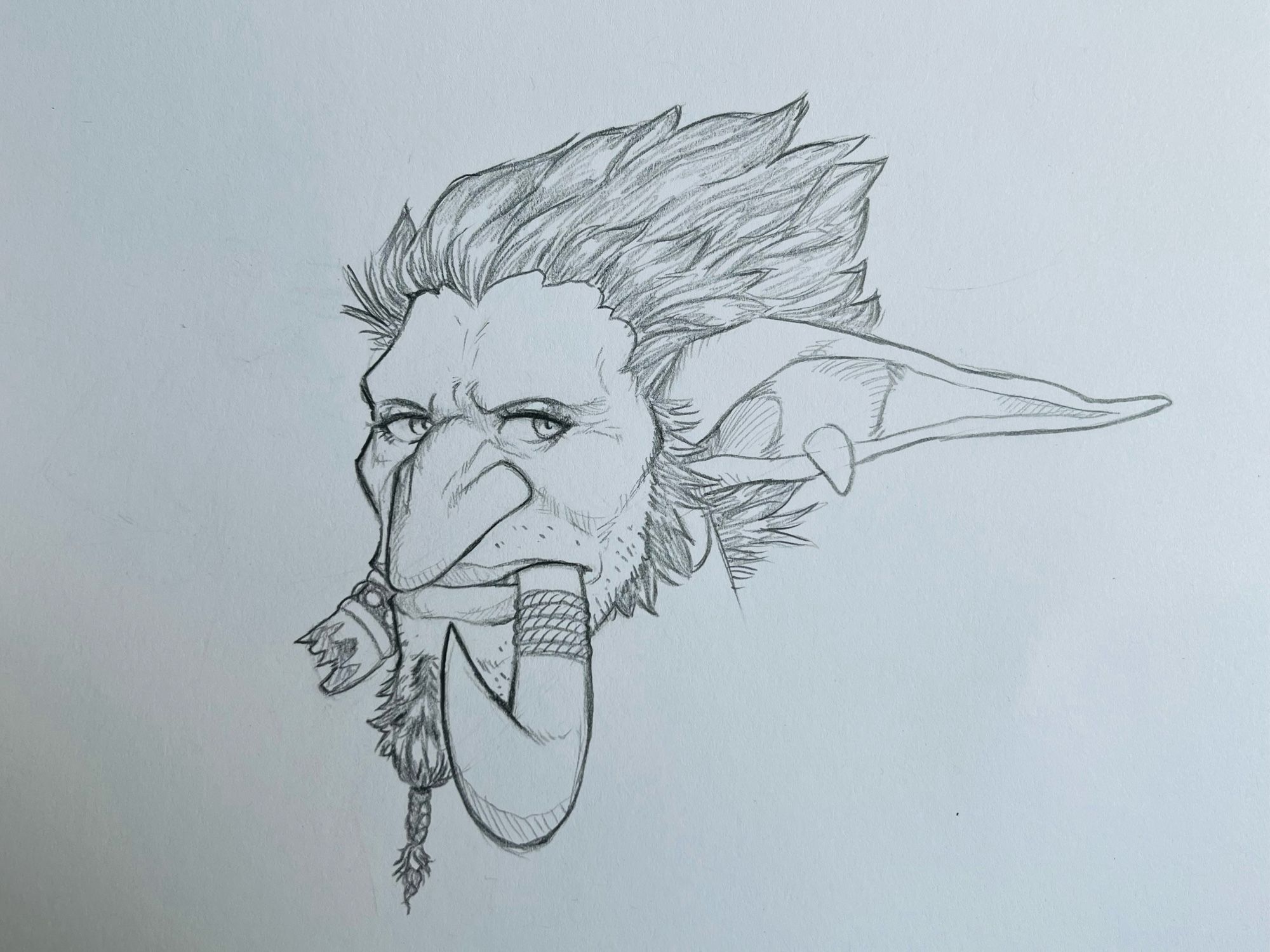 A pencil sketch of the face of a Warcraft troll. His name is Zimbi, and he has spikey hair, a braided goatee, and a broken right tusk.