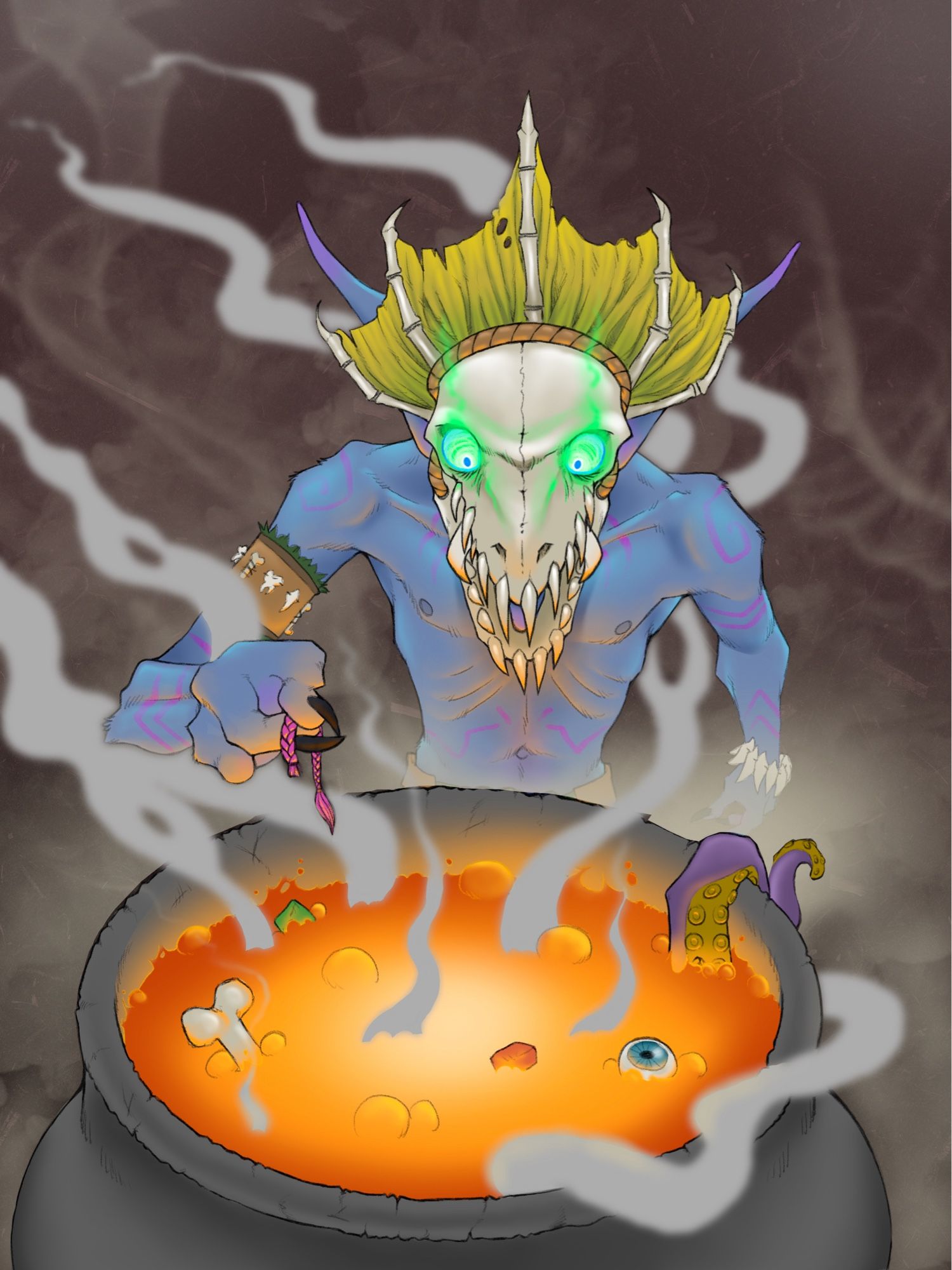 Ghabula, the Gurubashi witch doctor, cooking up a sinister potion with a lock of hair from an unsuspecting victim. He’s a skinny blue troll who wears a sharp-toothed fish head mask with glowing green eyes.