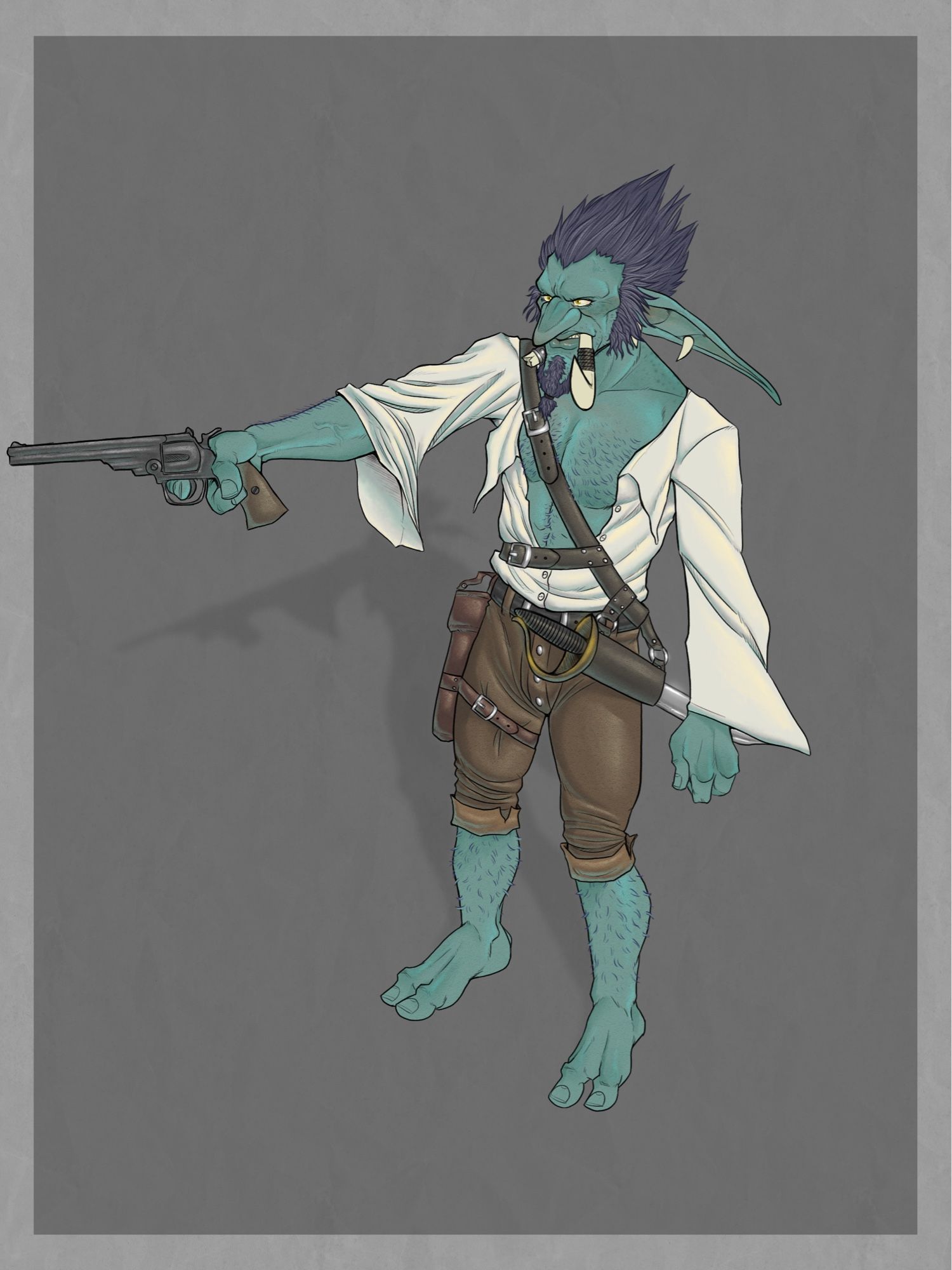 The Skullsplitter troll pirate, Zimbi, stands with his revolver drawn. He wears a mostly unbuttoned white shirt with flowing sleeves, and knee-length brown leather breeches. Strapped to his side is a cutlass sword, and his eyes are full of rage. He’s probably spotted a worgen or something.