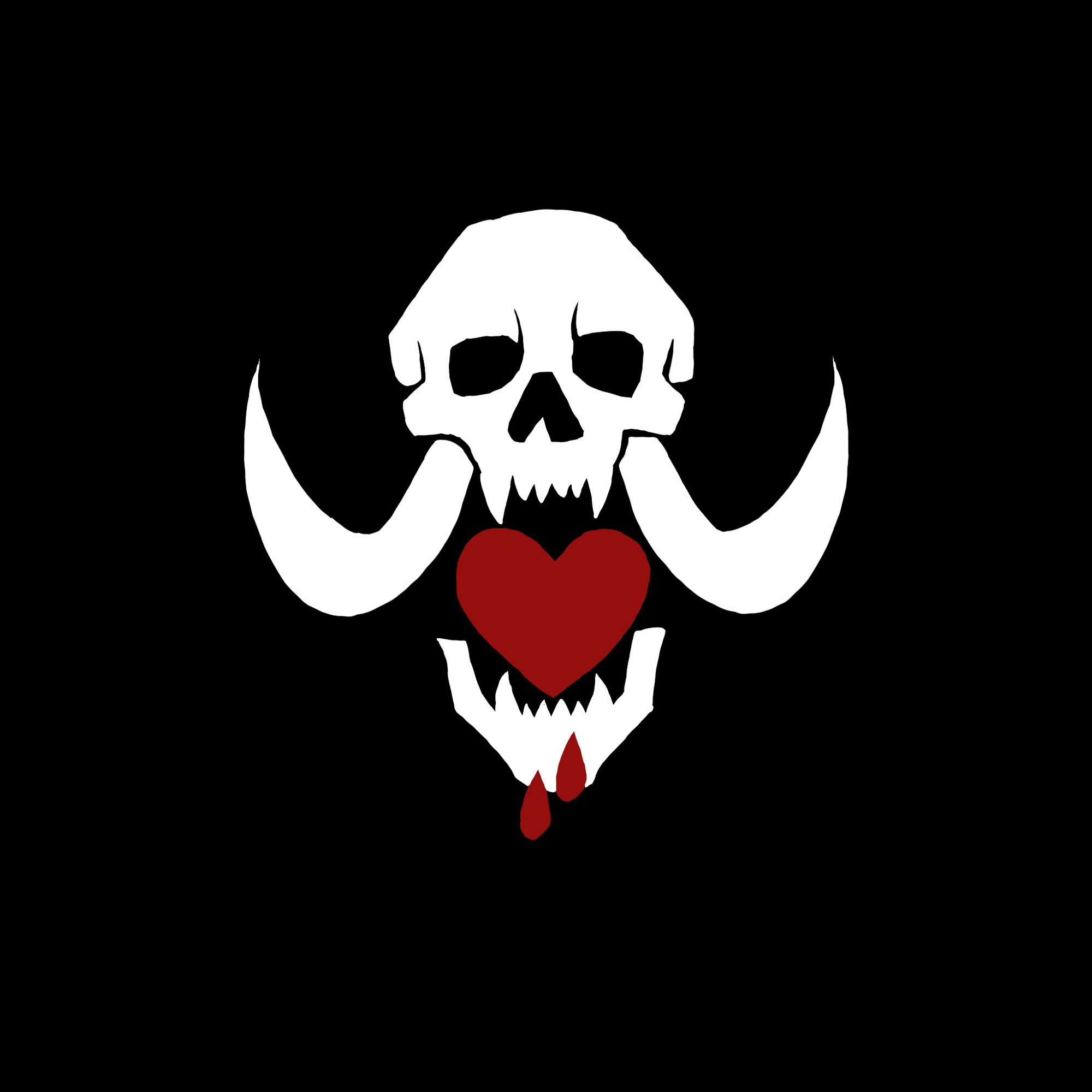 A pirate Jolly Roger consisting of a white Warcraft troll skull with a red heart in its jaws and two drops of red blood all on a black background.