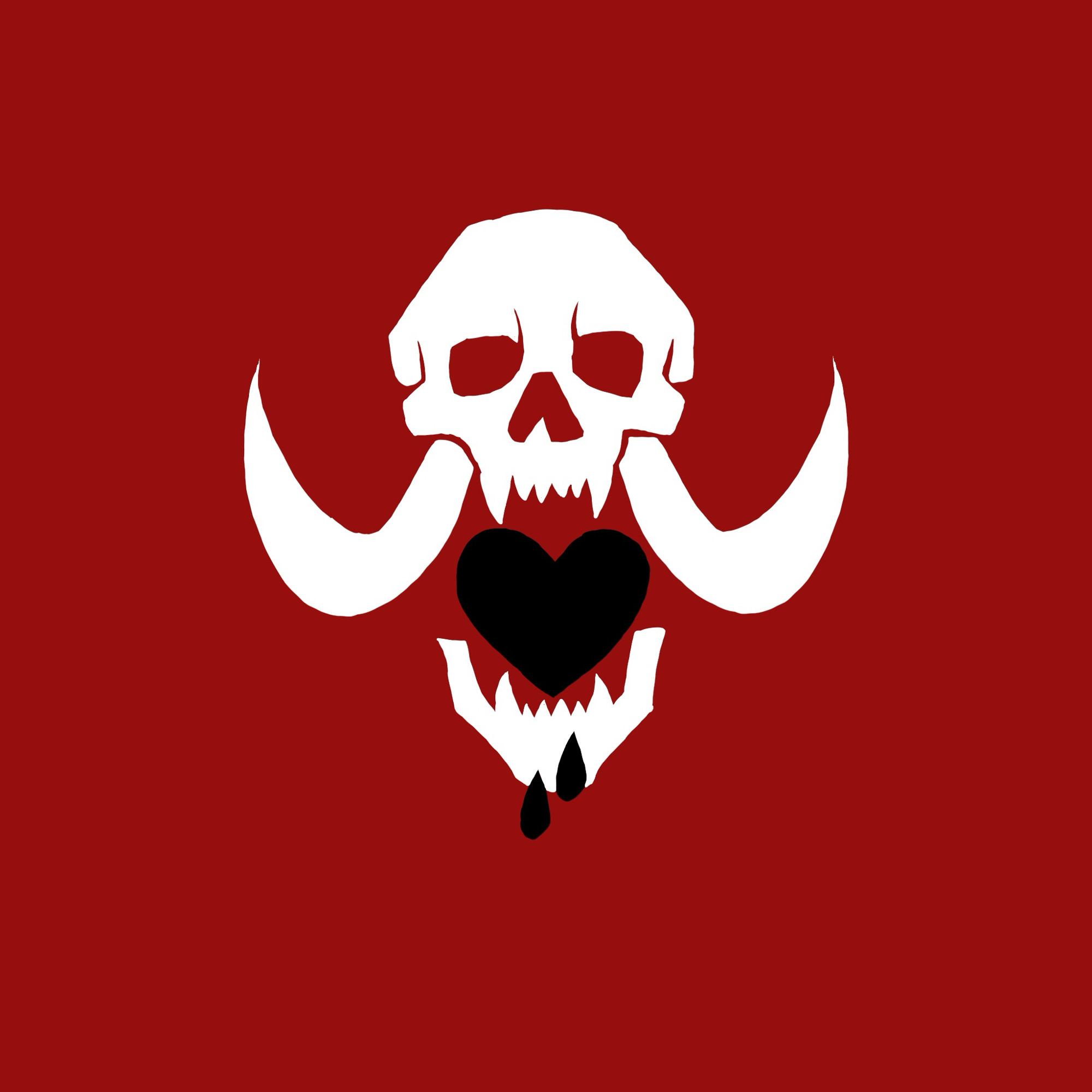 A pirate Jolly Roger consisting of a white Warcraft troll skull with a black heart in its jaws and two drops of black blood all on a red background.