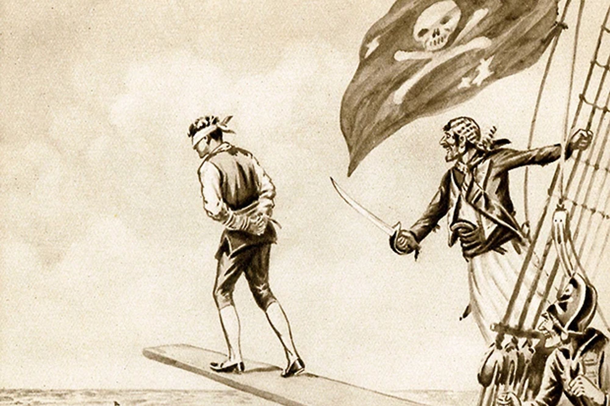 An illustration of a blindfolded man, his hands tied behind his back, walking out on a plank of wood extended over the side of a ship at sea which is flying the Jolly Roger flag, indicating that it is a pirate ship. Two pirates are urging the man forward to his death. One is menacing the man with his sword.