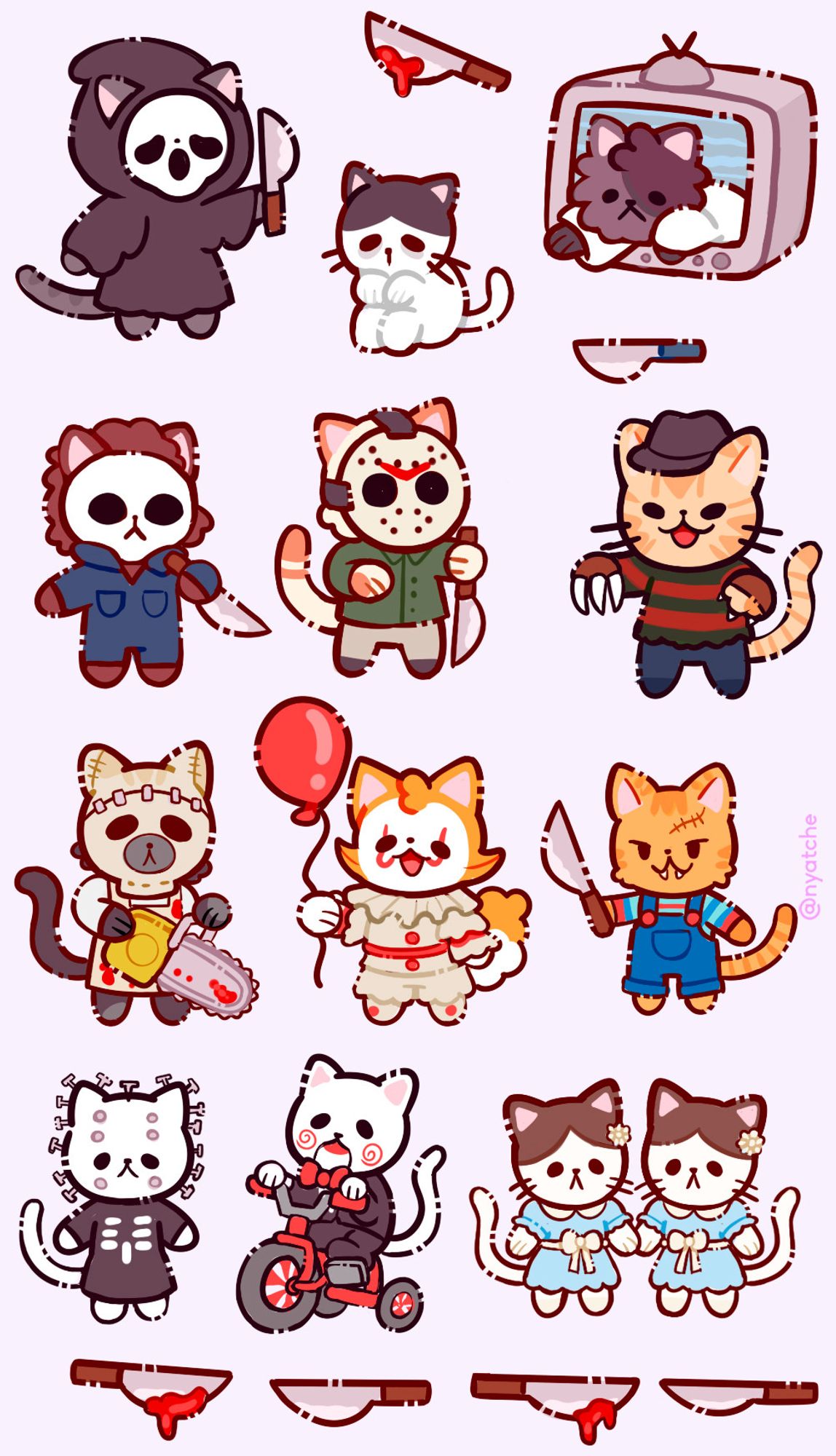 cartela de adesivos com gatinhos vestidos de personagens de filmes de terror, como o gosth face, toshio de O grito, Sadako de O chamado, Michel Meyers, Jason, Fred Krueger, leather face, Pennywise, chucky, pin head, o boneco de jogos mortais e as gêmeas de O Iluminado