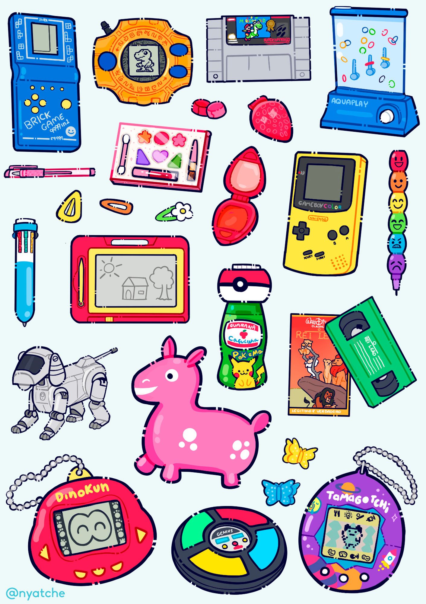 arte com ilustração de vários brinquedos populares na época de 90 e 2000, como tamagochi, digimon, guaraná caçulinha, gameboy, fita do rei leão, cachorro robô, canetas coloridas