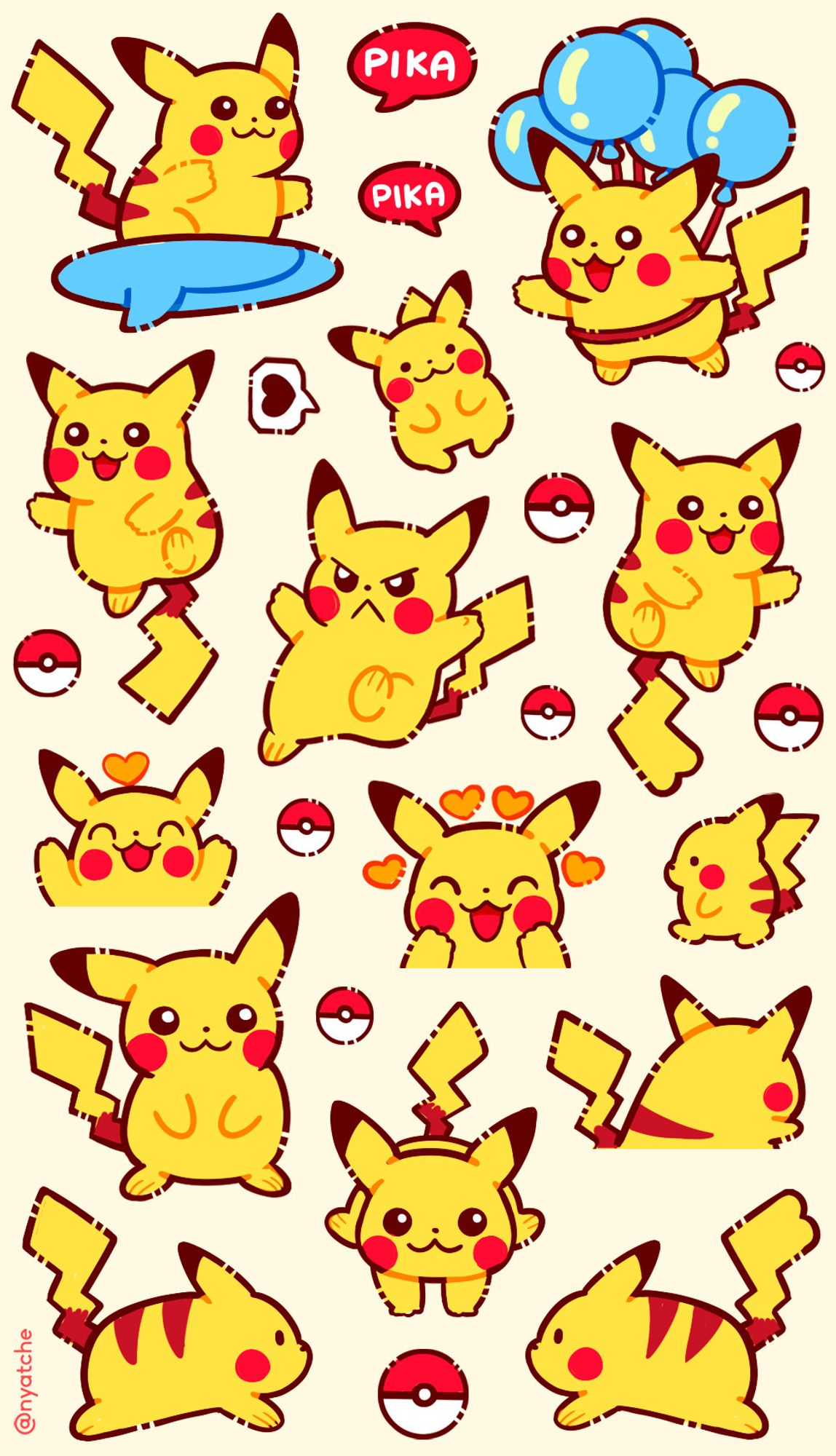 Cartela de adesivos com várias artes do pikachu, fazendo homenagem ao jogo pokemon yellow, com várias cenas do pikachu na abertura do jogo ou ícones de suas interações ao longo dele