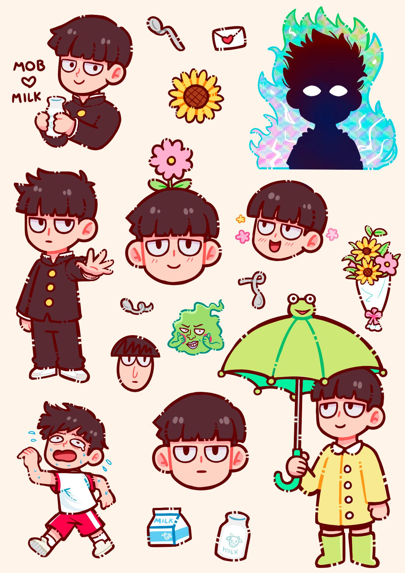 Fanart de mob psycho 100, em formato de uma cartela de adesivos com vários momentos iconicos só do mob