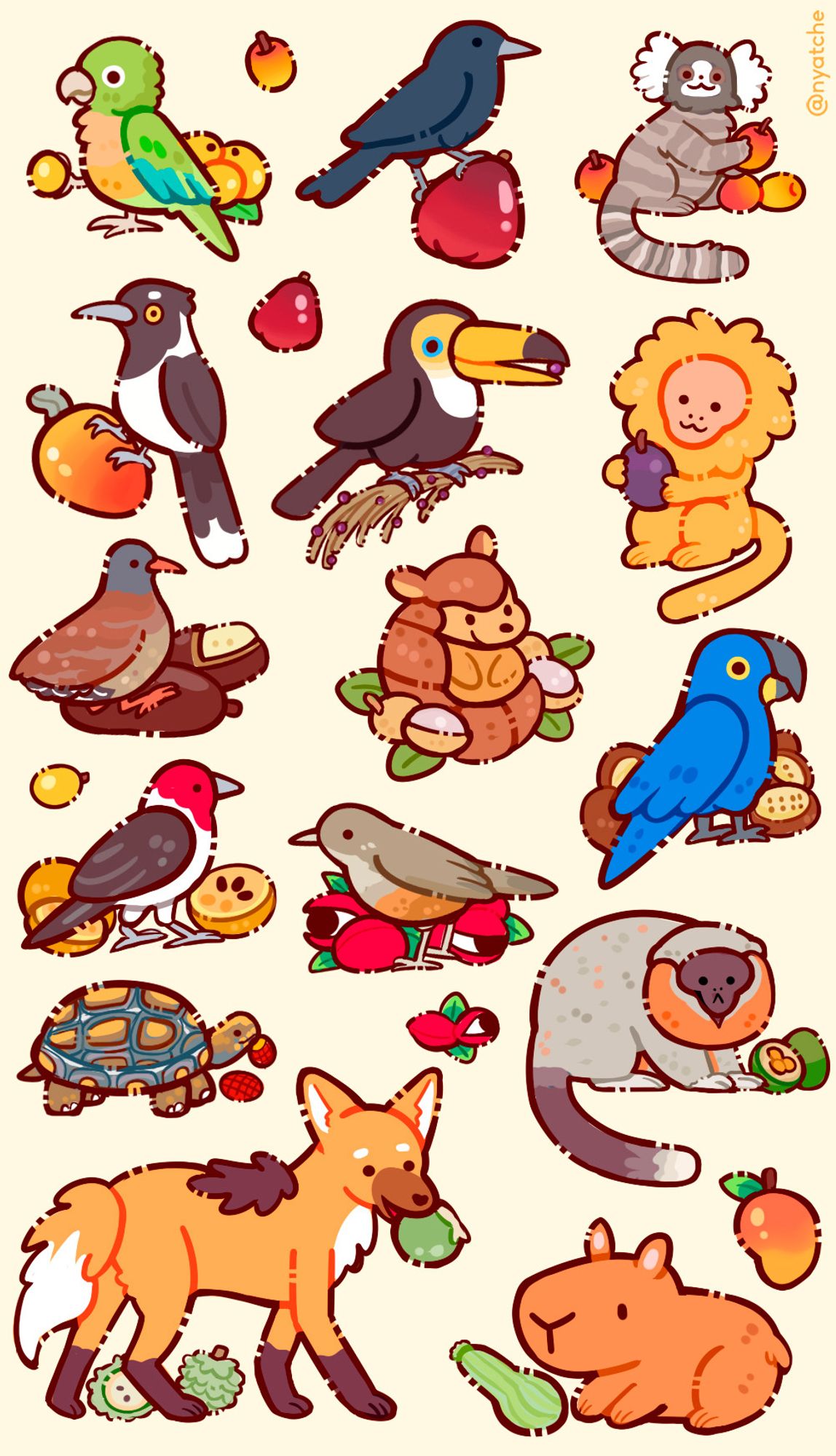 Desenho de alguns bichinhos da fauna brasileira com frutas brasileiras, os bichinhos incluem periquito do sertão, graúna, mico leão dourado, lobo guará, cancão, arara azul, tatu, capivara, galo campina, tucano