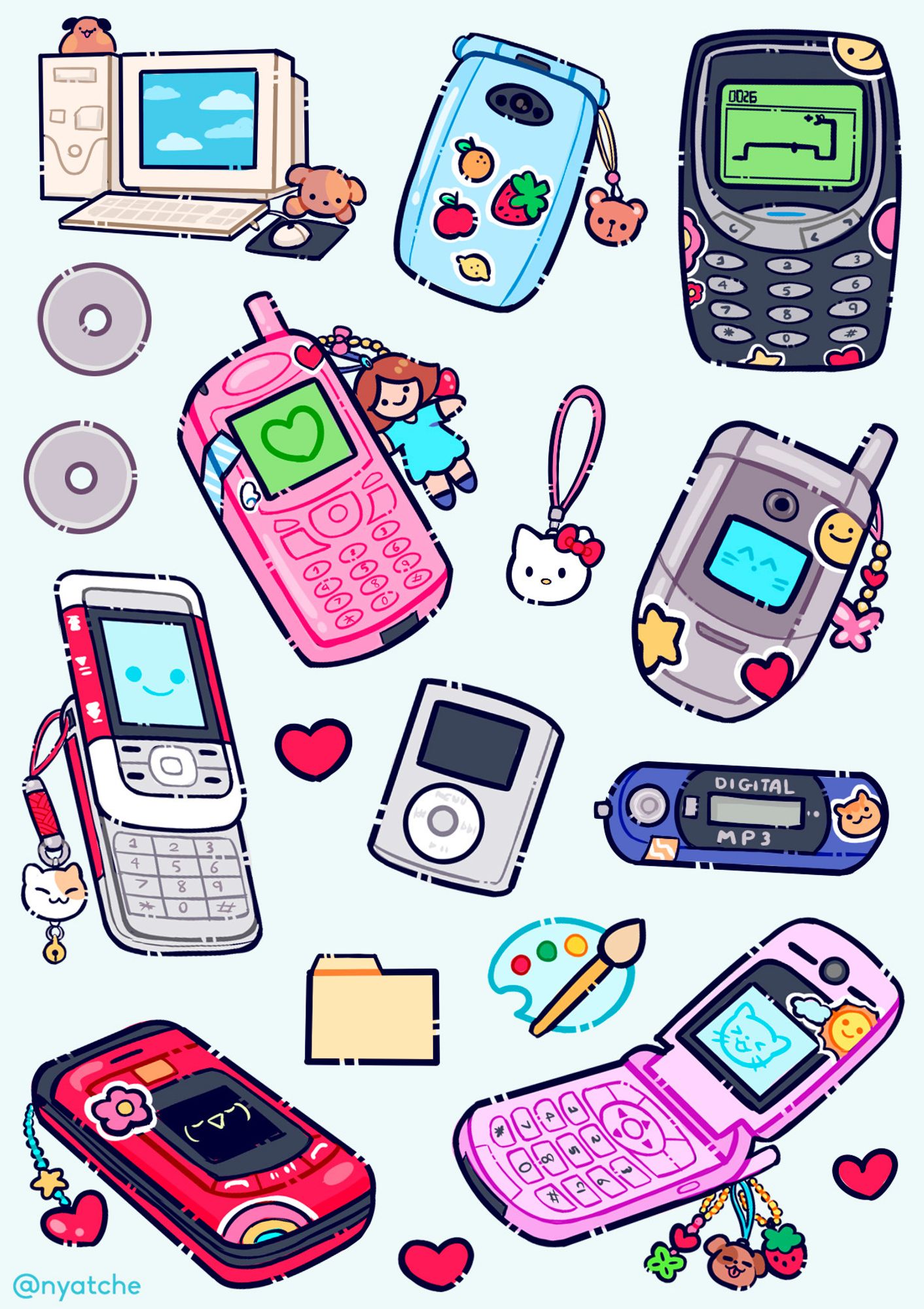 Ilustração de modelos de celulares, mp3 e computador antigo, dos anos 2000