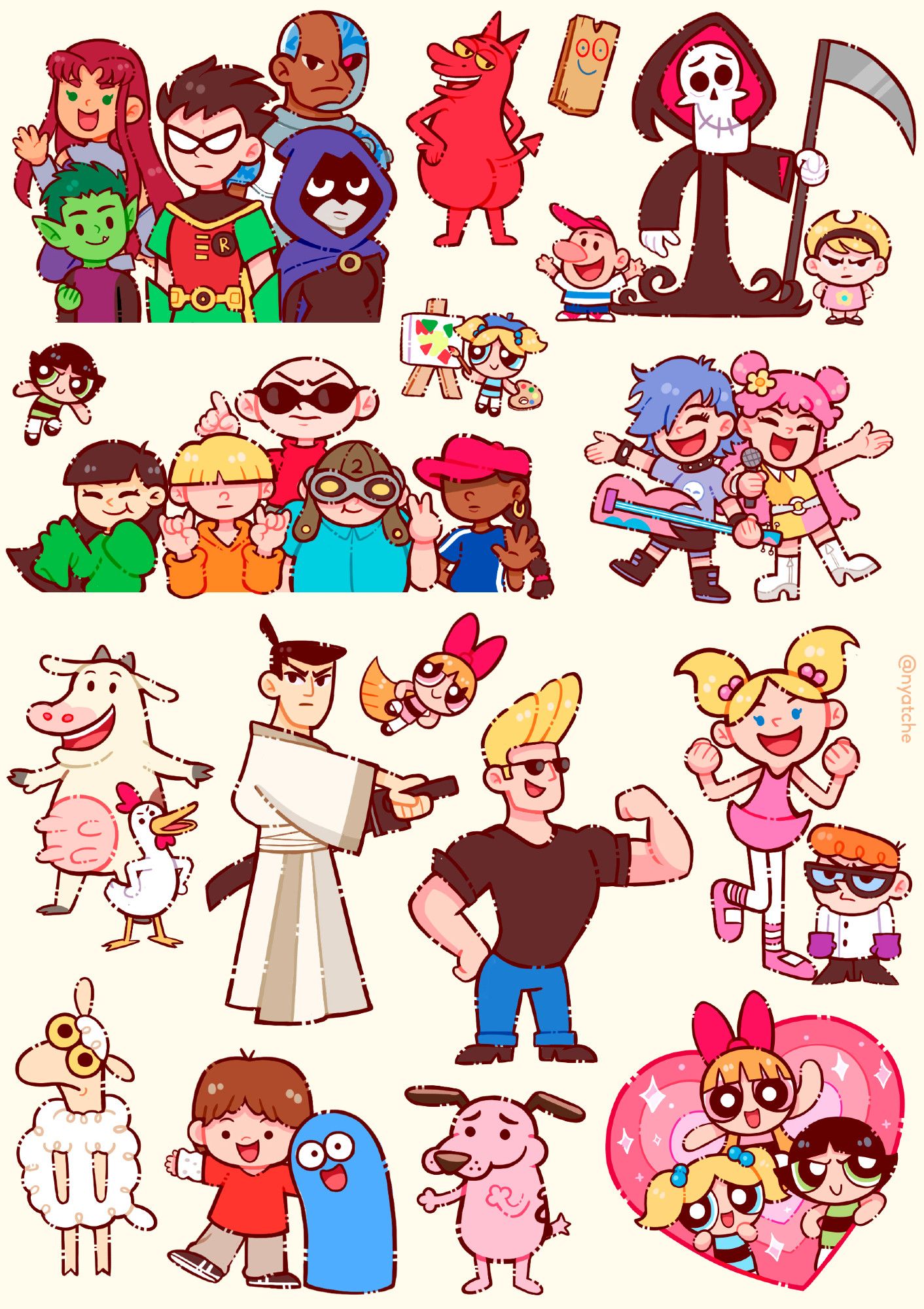 ilustração de uma cartela de adesivos com vários clássicos da cartoon network, como jovens titãs, as aventuras de billy e mandy, turma do bairro, meninas super poderosas, vaca e frango, samurai jack, jonny bravo, laboratório de dexter, sheep na cidade grande, mansão foster para amigos imaginários e coragem o cão covarde