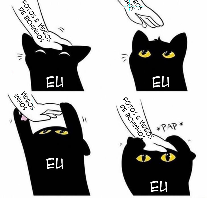 A imagem é uma tirinha em quatro quadros. O primeiro mostra uma mão fazendo carinho num gato preto que está adorando, na mão está escrito "Fotos e vídeos de bichinhos" e no gato está escrito "Eu", esses personagens se repetem em todos os quadros. No segundo quadro a mão com o escrito vai se retirando e o gatinho fica olhando a mão ir embora. O terceiro quadro mostra o gatinho puxando a mão de volta pra ganhar mais carinho. O último quadro mostra o gato segurando a mão sobre a cabeça pra ganhar mais carinho.