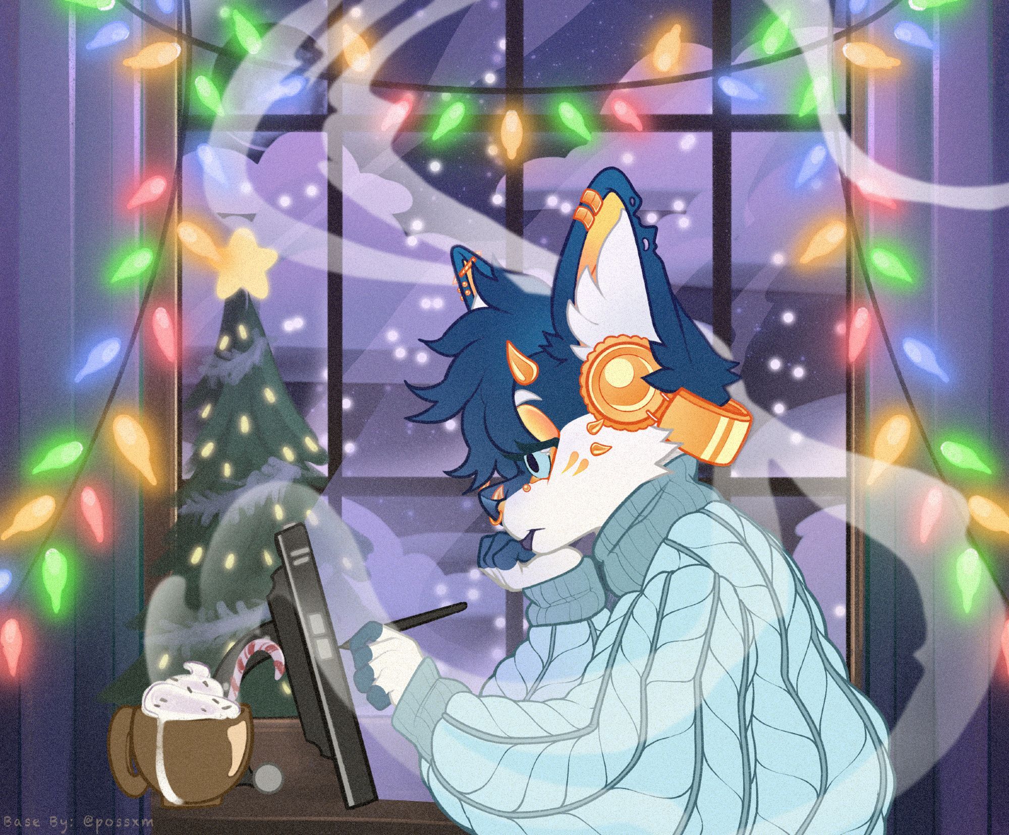 A blue, white, yellow, and gold colored anthro/furry character sits at a table while drawing on an art tablet and listening to music with golden headphones. She is wearing a cozy, blue sweater. A wintery scene, outside of a window, shows light snowfall and bright Christmas lights in the background. Smoke wafts through the air from a cup of hot cocoa, topped with whipped cream and a candy cane, sitting on the desk.